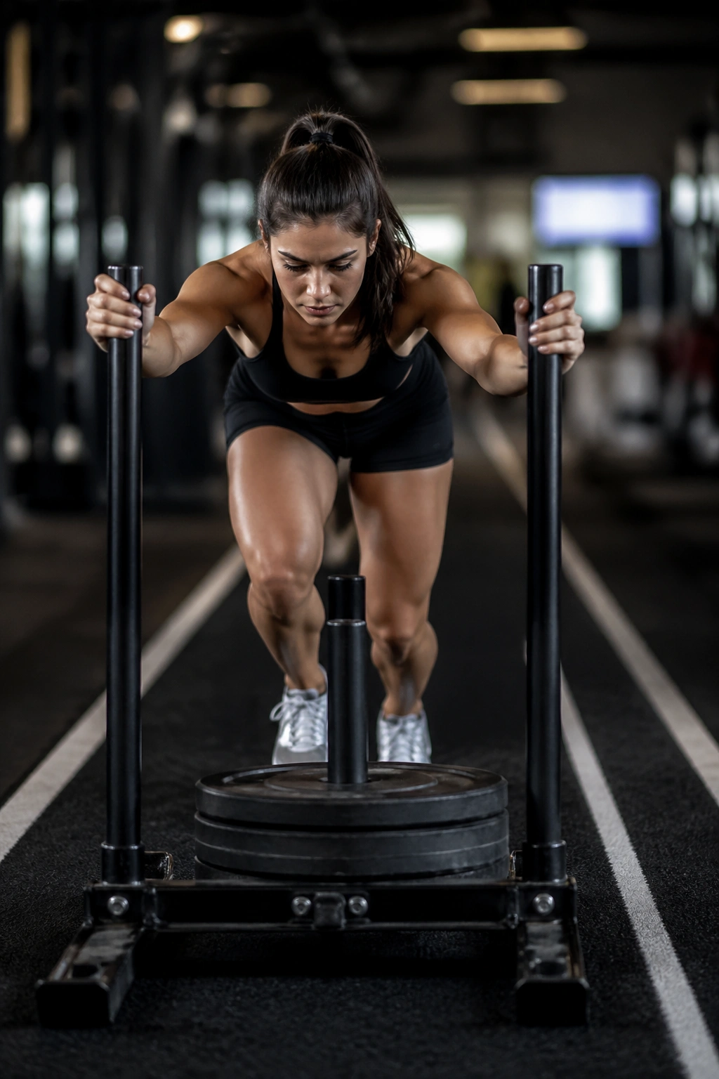 Athlete pushing a sled in a gym