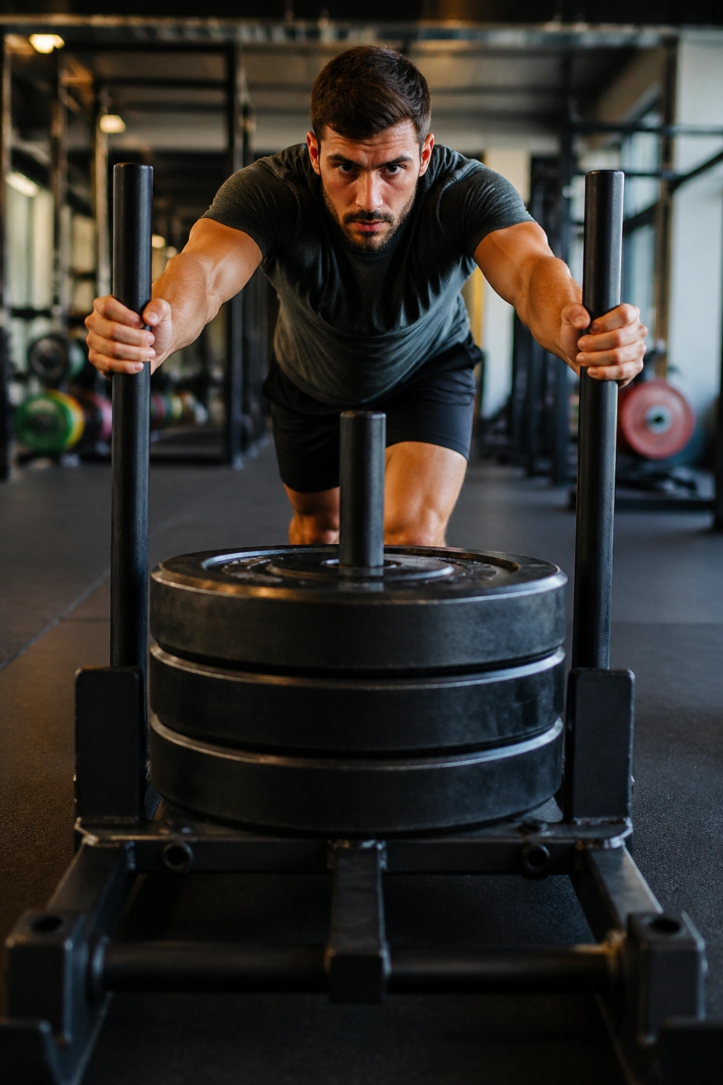 Person pushing a heavy sled in a gym, torso braced and dominating the frame