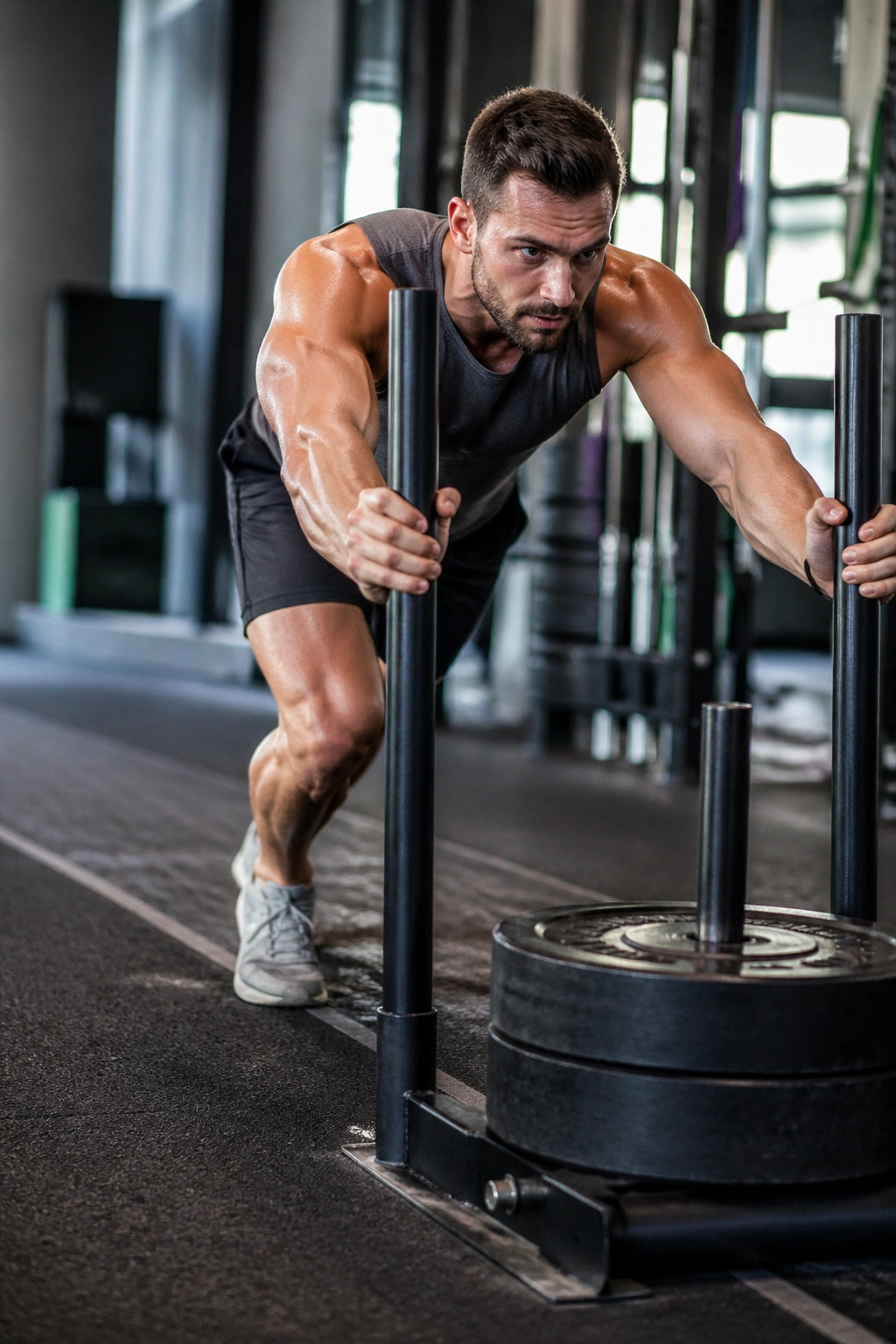 Person pushing a heavy sled with strong leg drive and core engagement