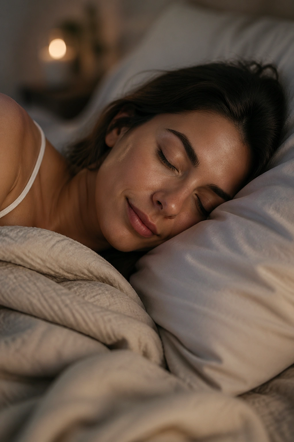 Close-up of a person sleeping peacefully in a dimly lit bedroom.