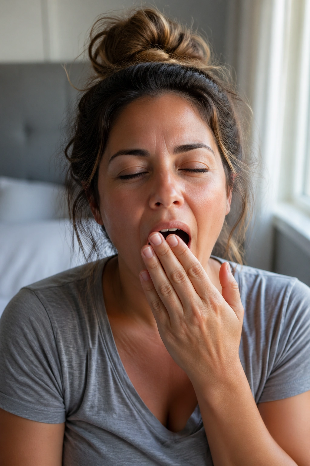 Close-up of a tired woman after poor sleep, illustrating hunger cues.