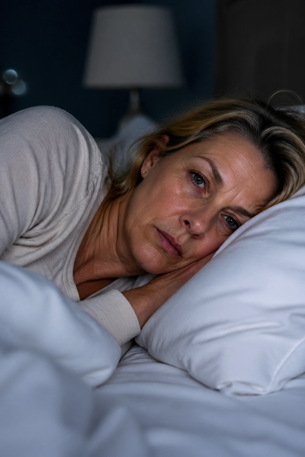 Close-up of a tired-looking woman in bed suggesting broken sleep