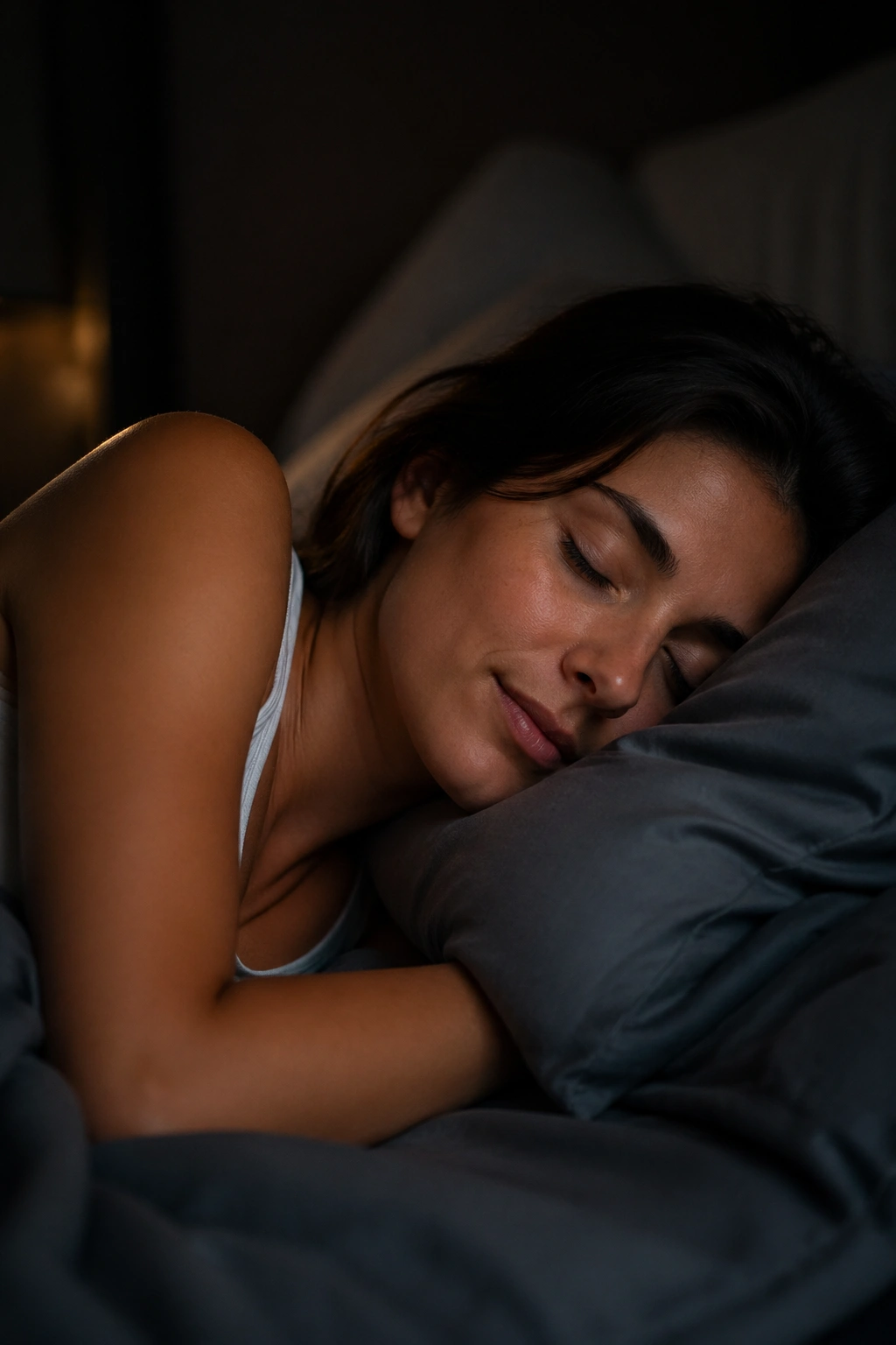 Close-up of a sleeping person in a dimly lit bedroom