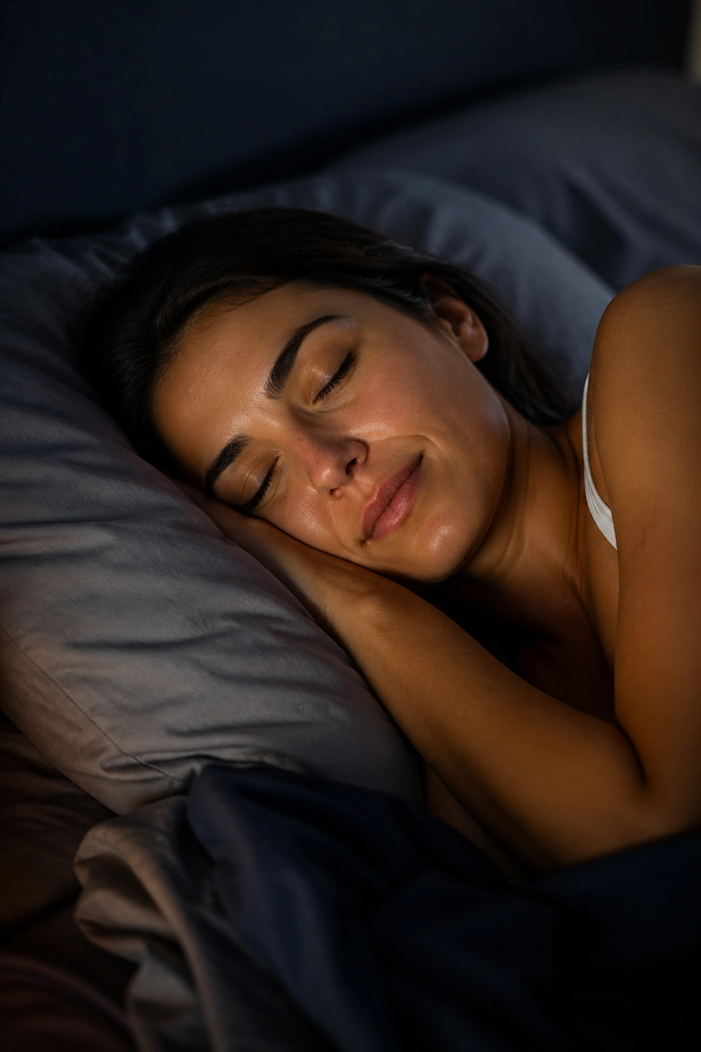 Person sleeping peacefully in a dim, cozy bedroom