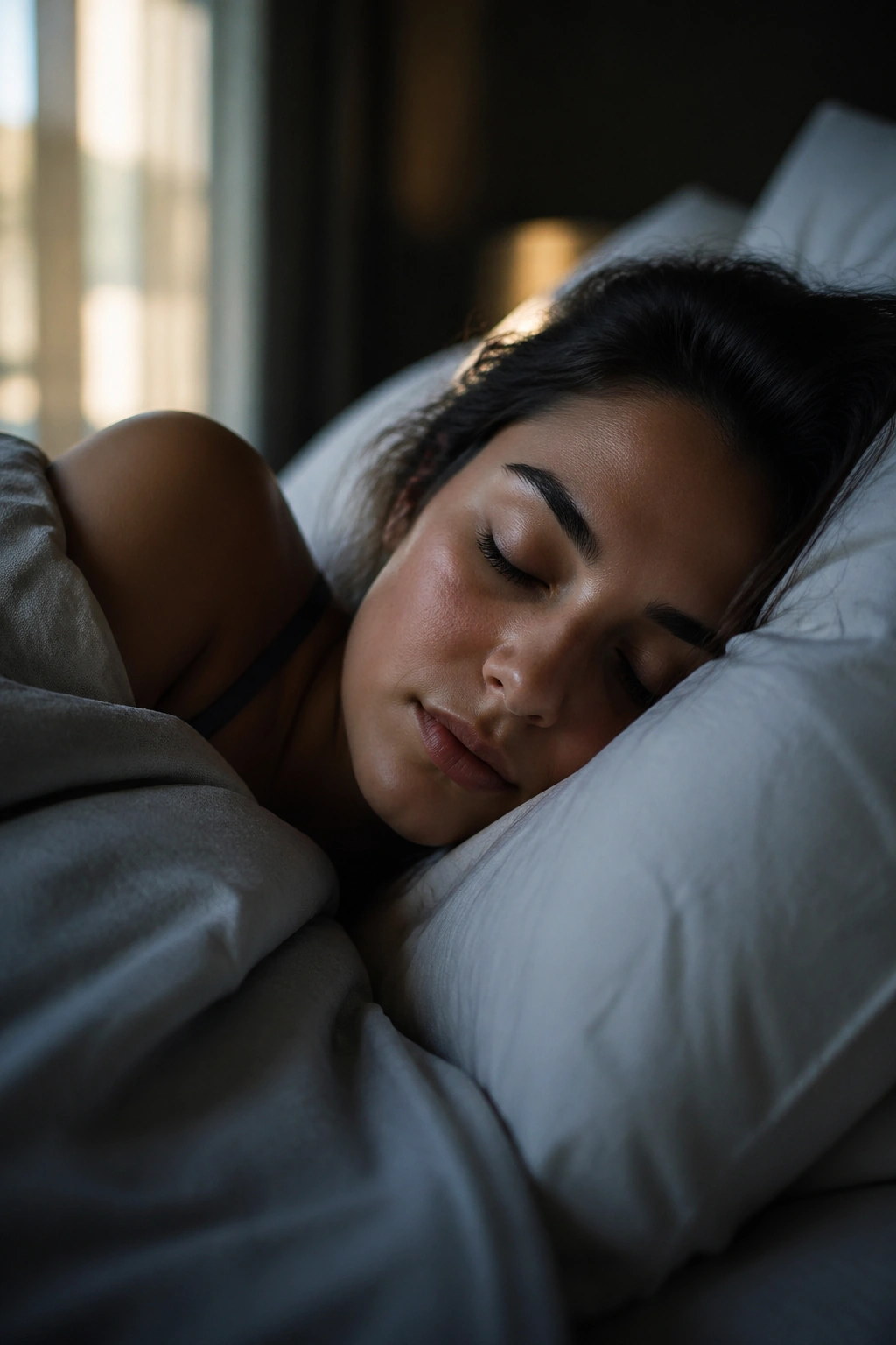 Close-up of a sleeping person in bed under soft window light