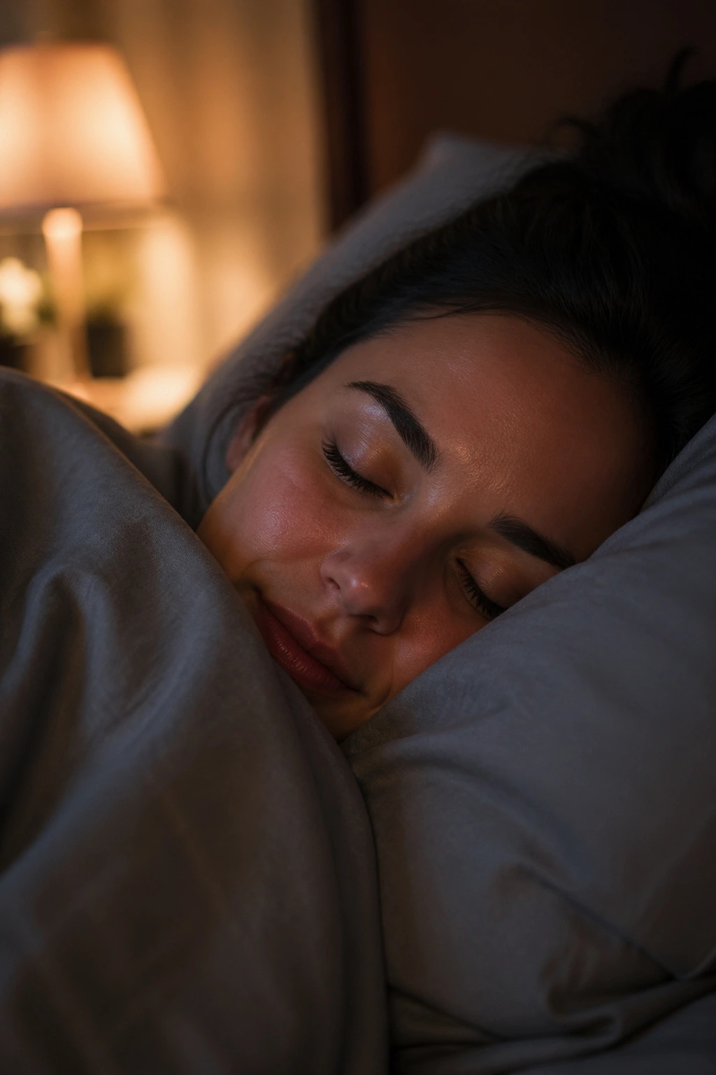 Peaceful close-up of a person sleeping in a dark, cozy bedroom