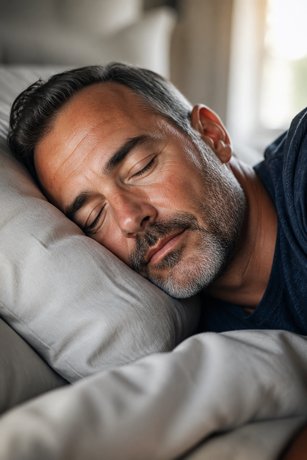 Man resting in bed with eyes closed under soft morning light