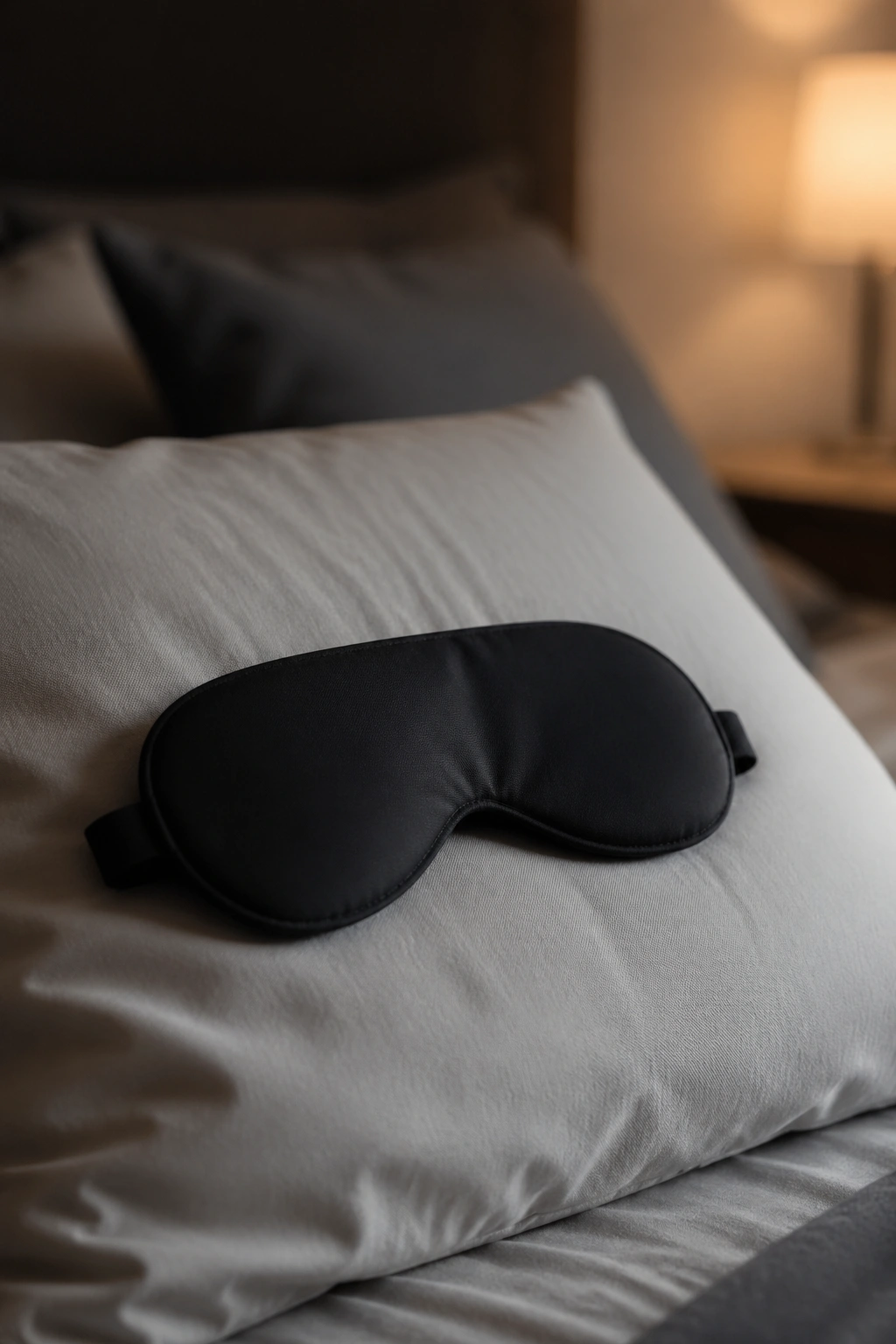 Close-up of a sleep mask on a pillow in a dim bedroom to illustrate better sleep
