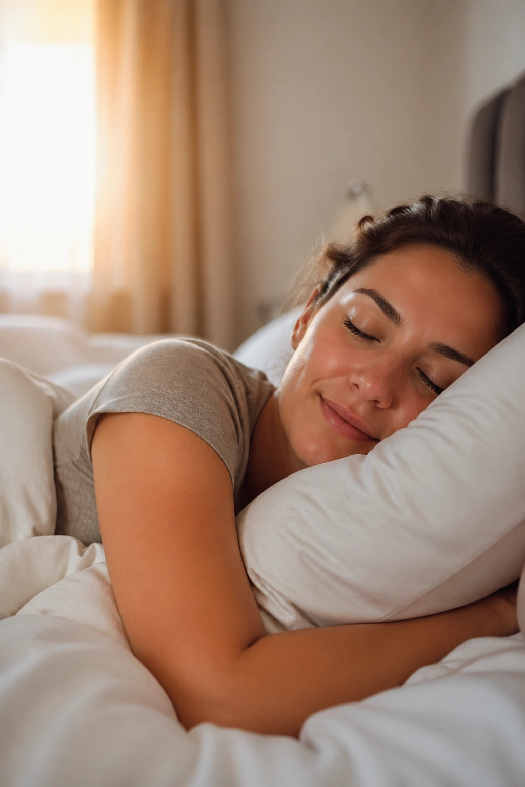 Person sleeping peacefully in a softly lit bedroom