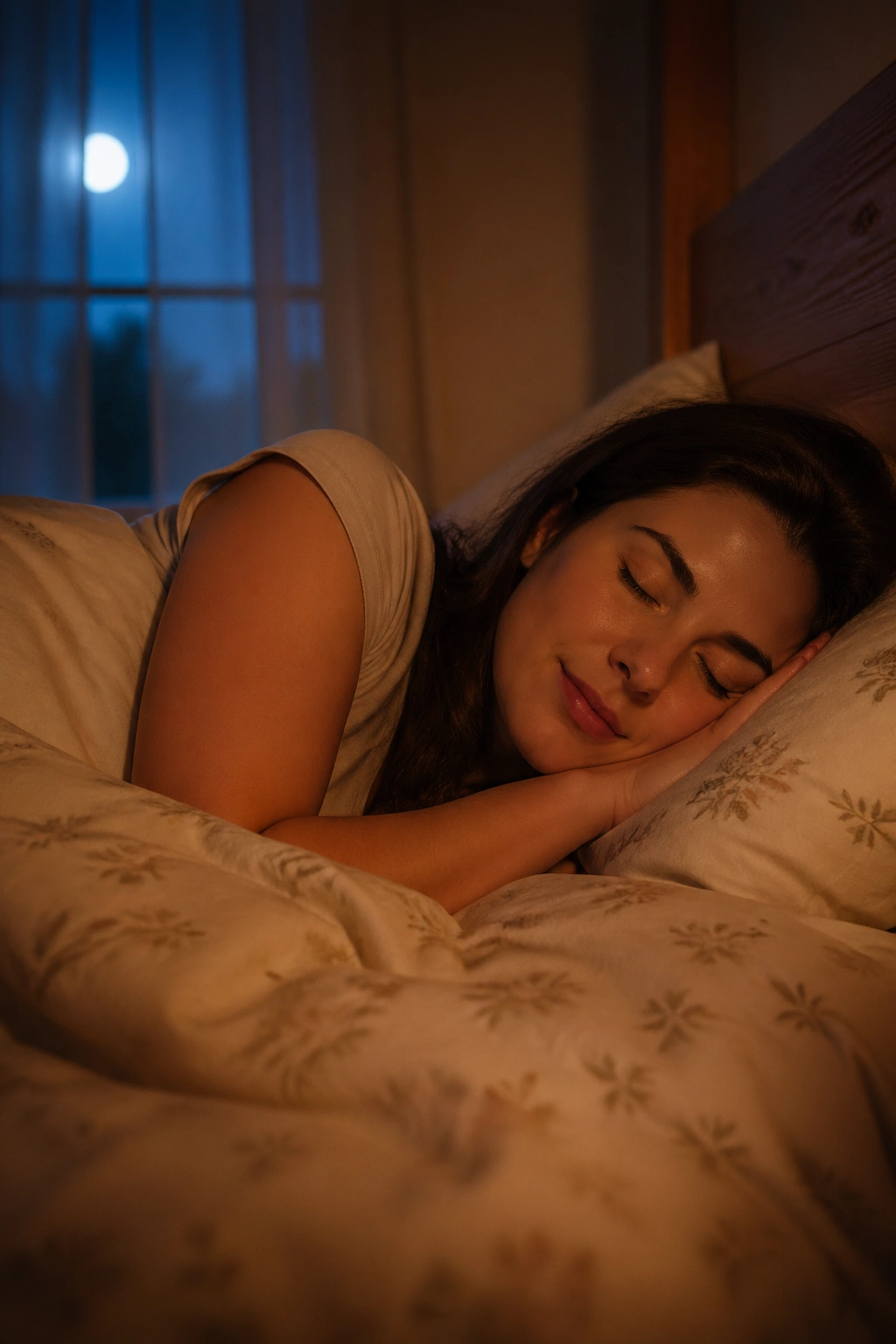 Close-up of a real person peacefully sleeping in a cozy bedroom