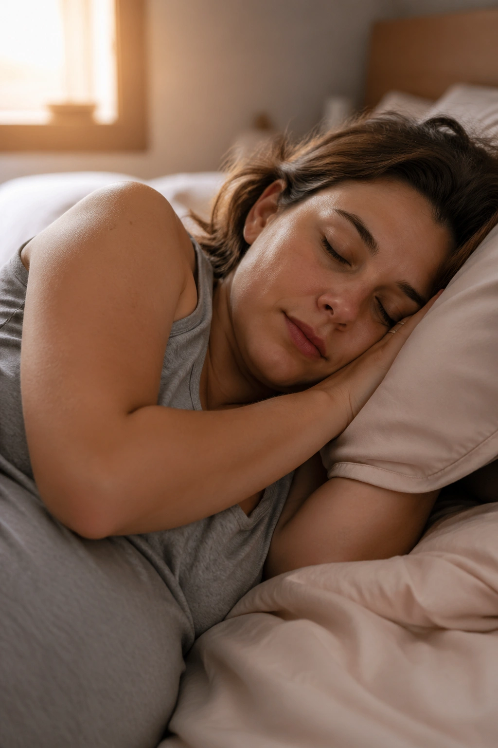 Close-up portrait of a person sleeping on a pillow in a softly lit bedroom
