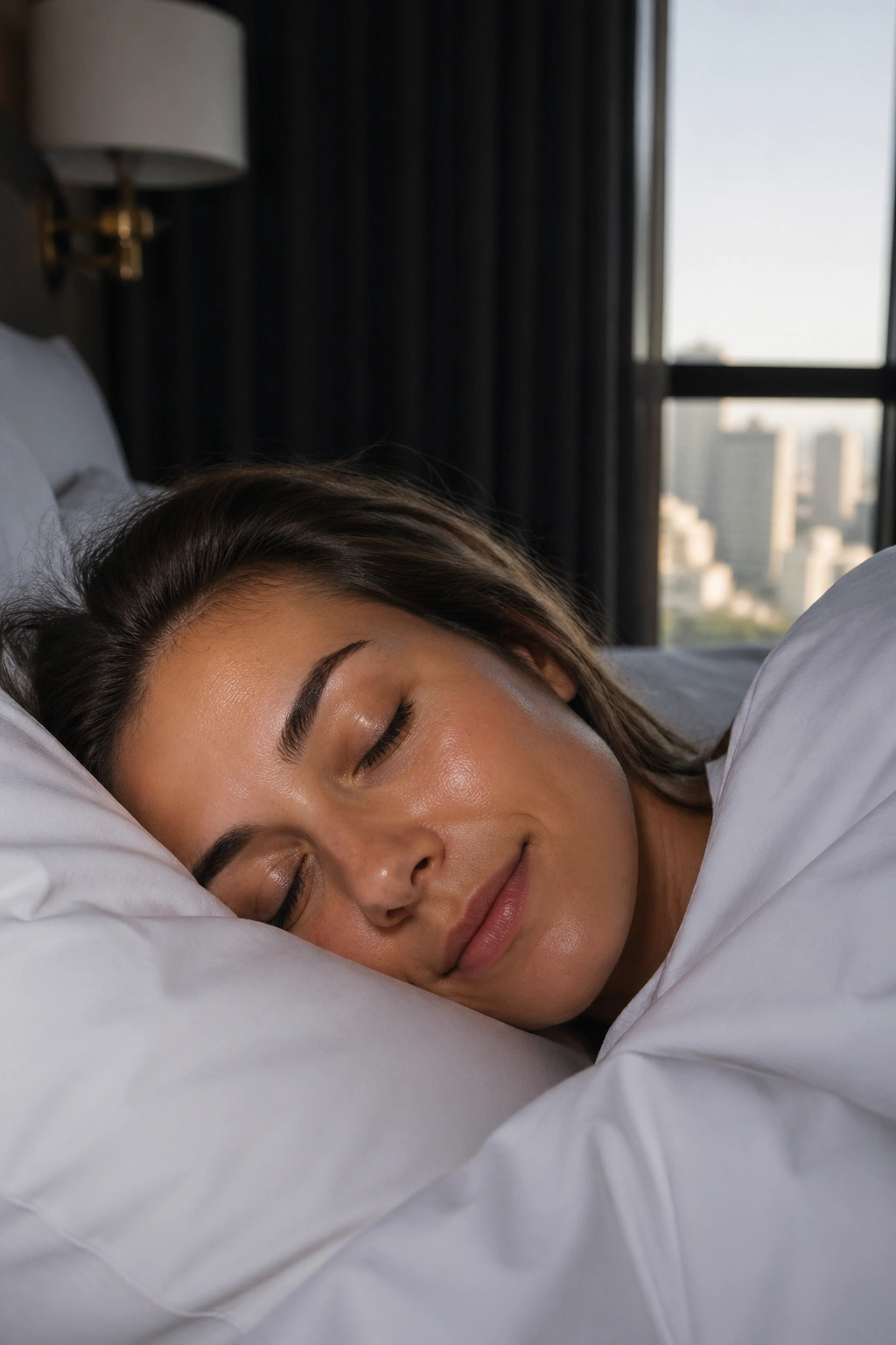 Person sleeping in a hotel room with a restful sleep environment