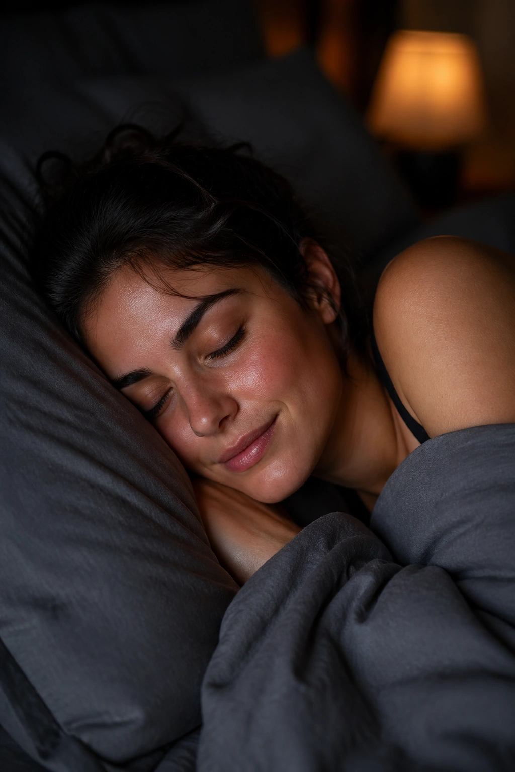 Woman sleeping peacefully in a dimly lit bedroom.