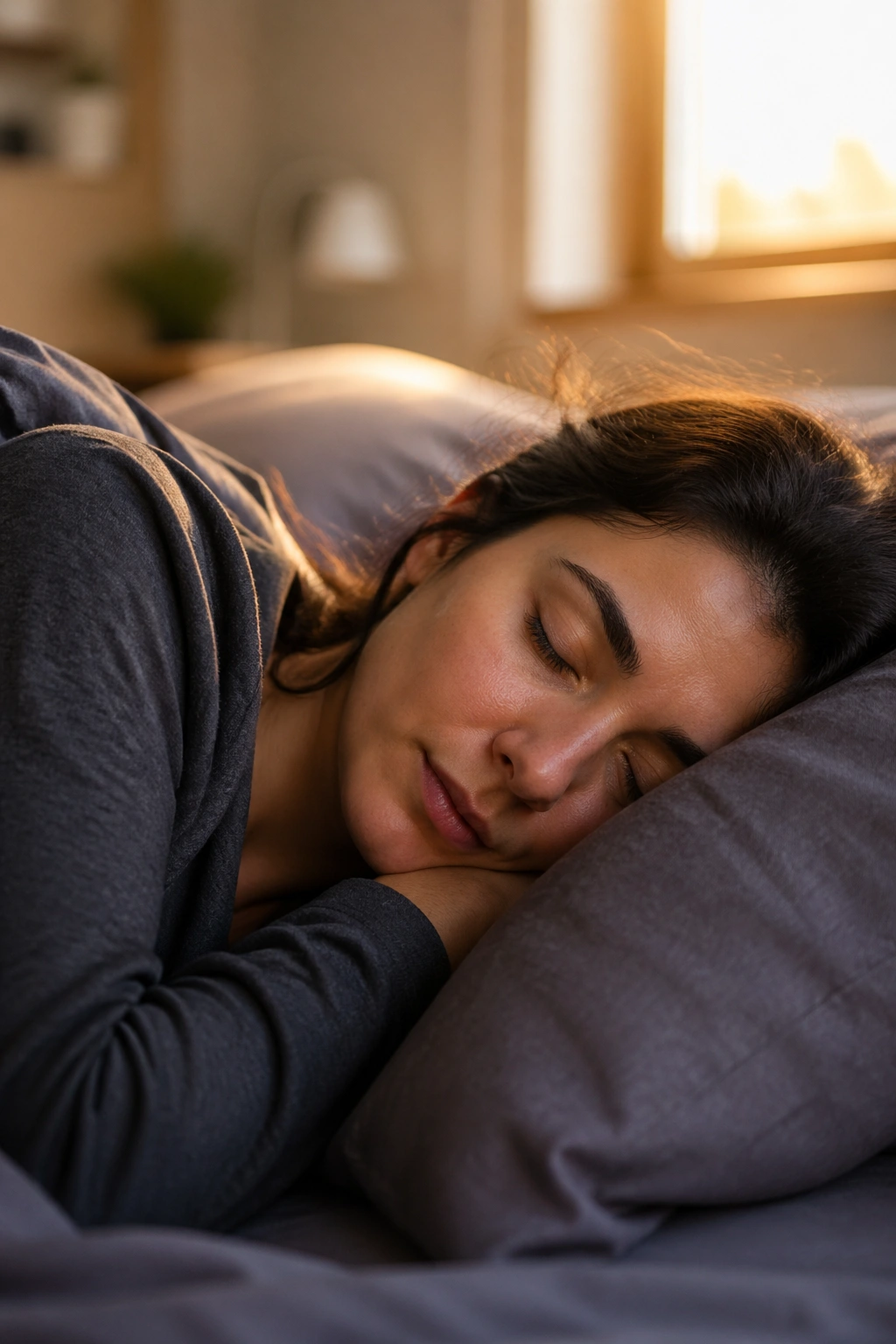 Person sleeping peacefully in a softly lit bedroom