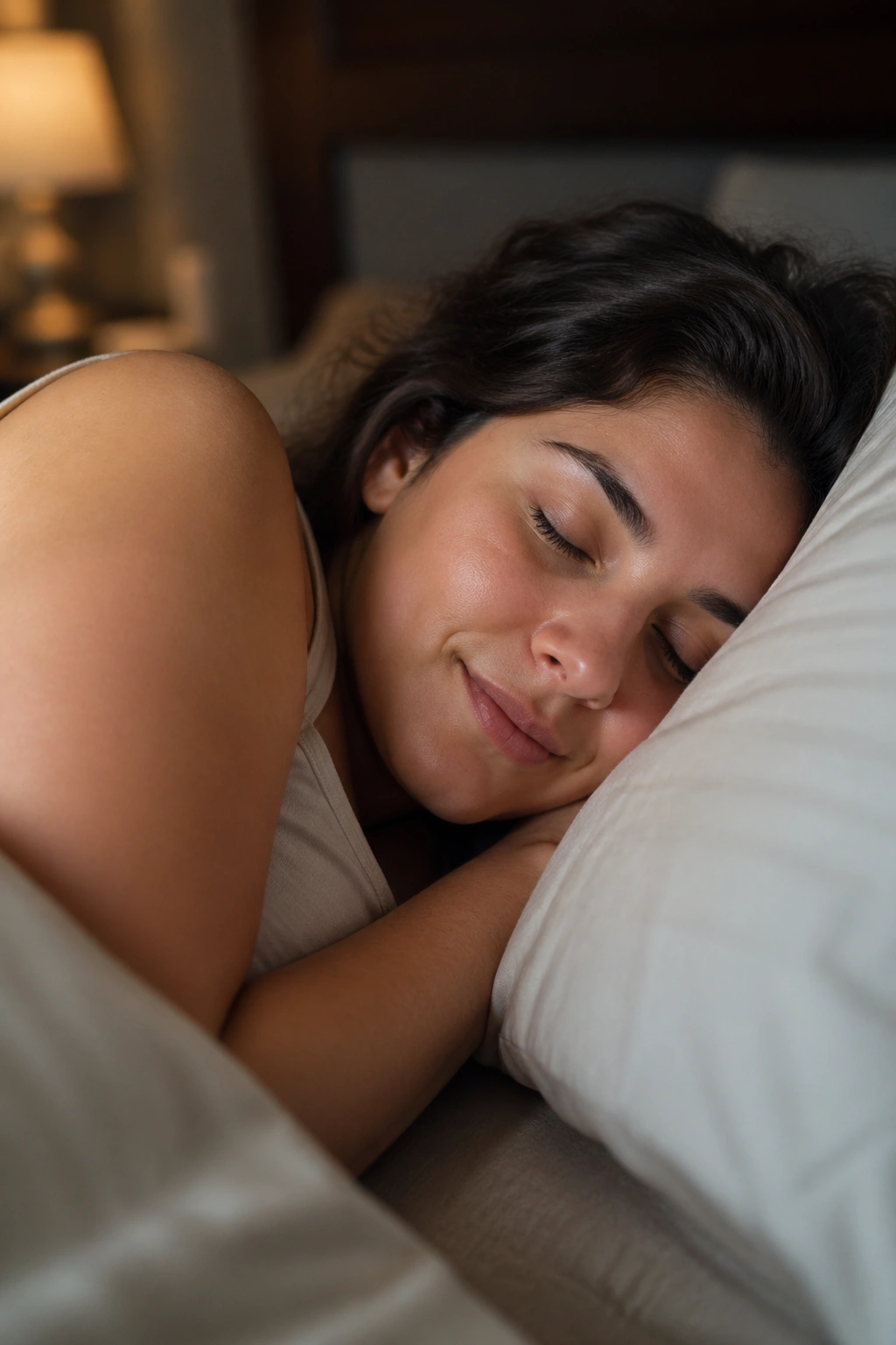 Close-up of a sleeping person in a dimly lit bedroom illustrating sleep's role in belly fat loss