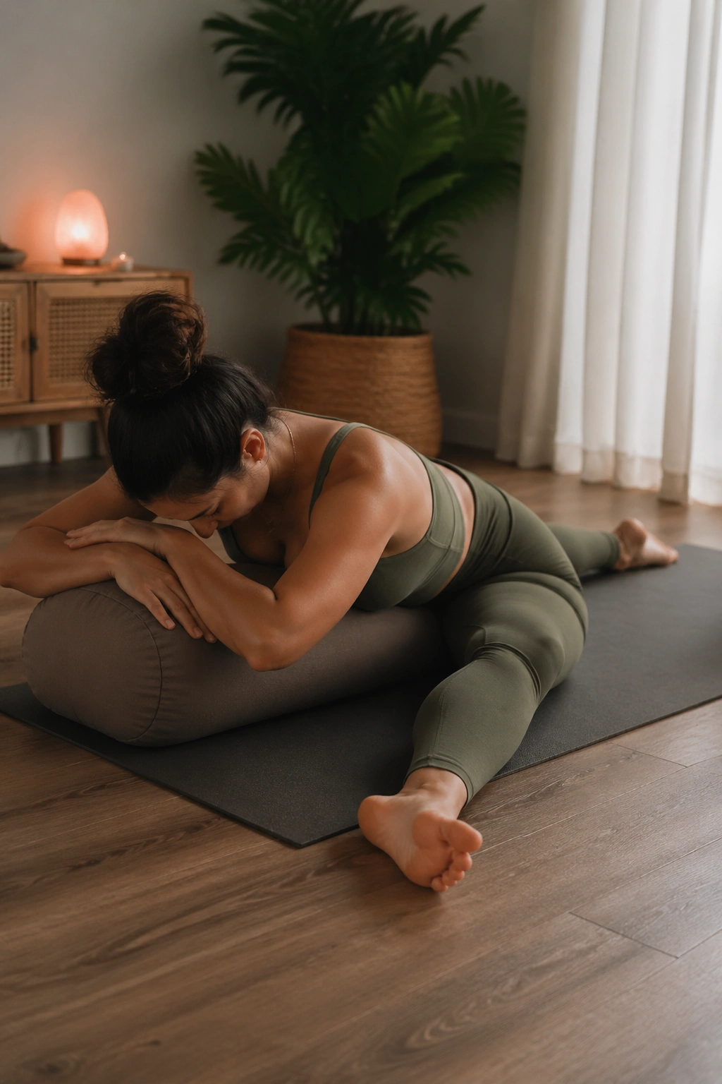 Medium close-up of Sleeping Swan pose with bolster support in a cozy home yoga space