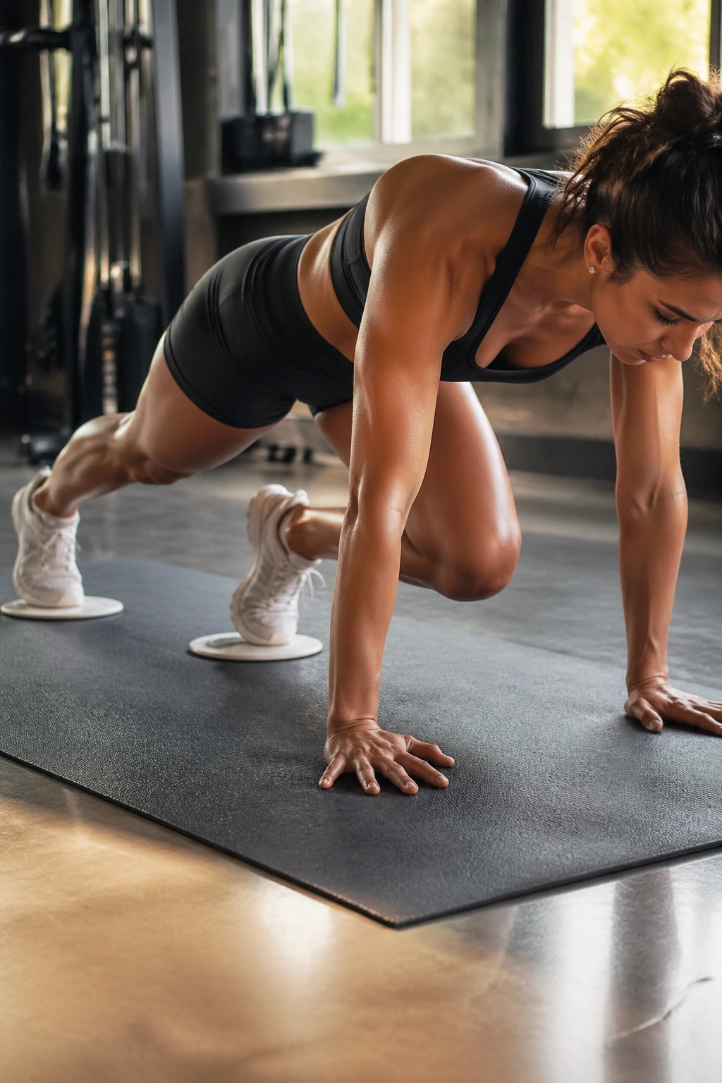 Close-up of a person performing slider mountain climbers on a mat with sliders under feet