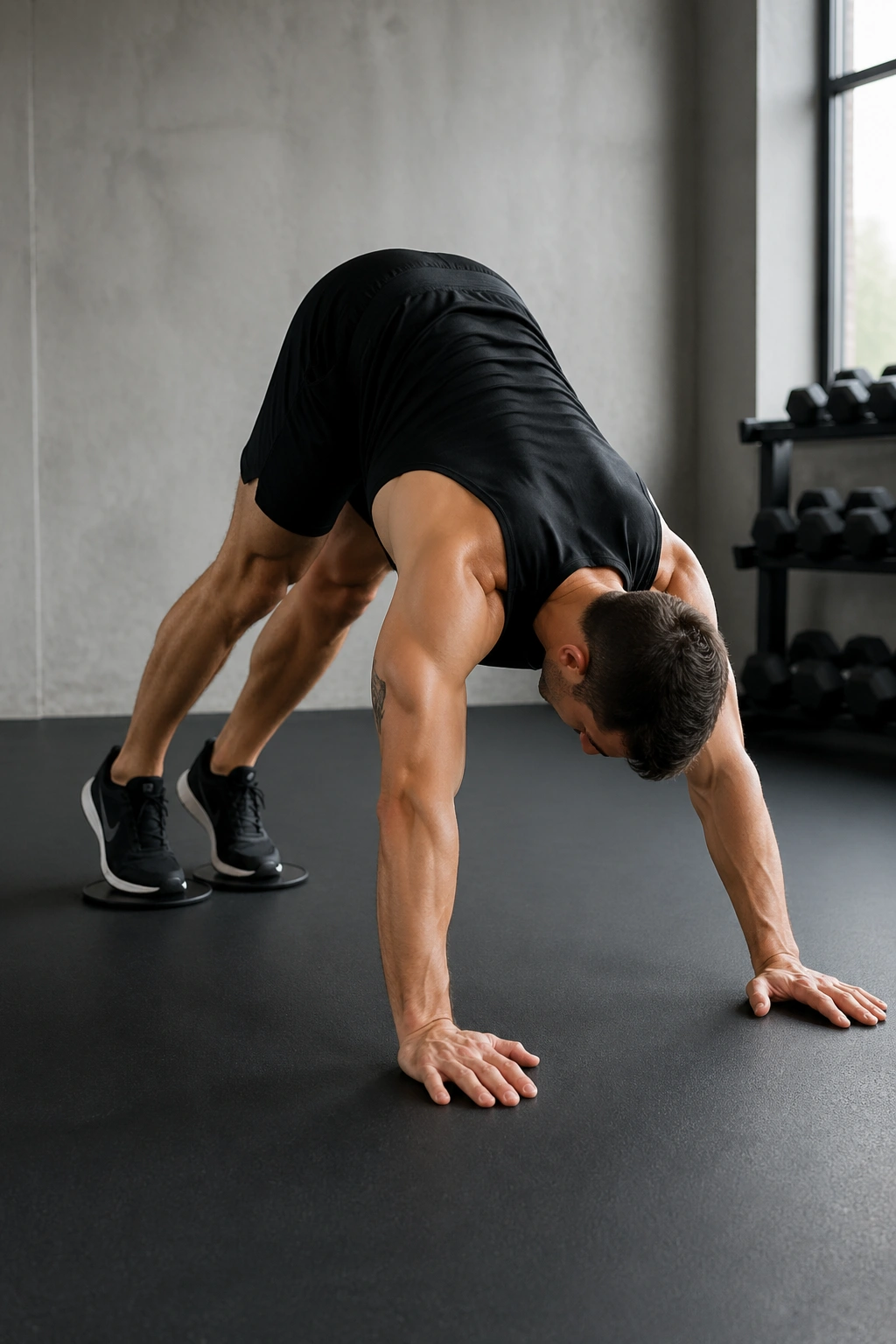 Person performing Slider Pikes on sliders in a gym