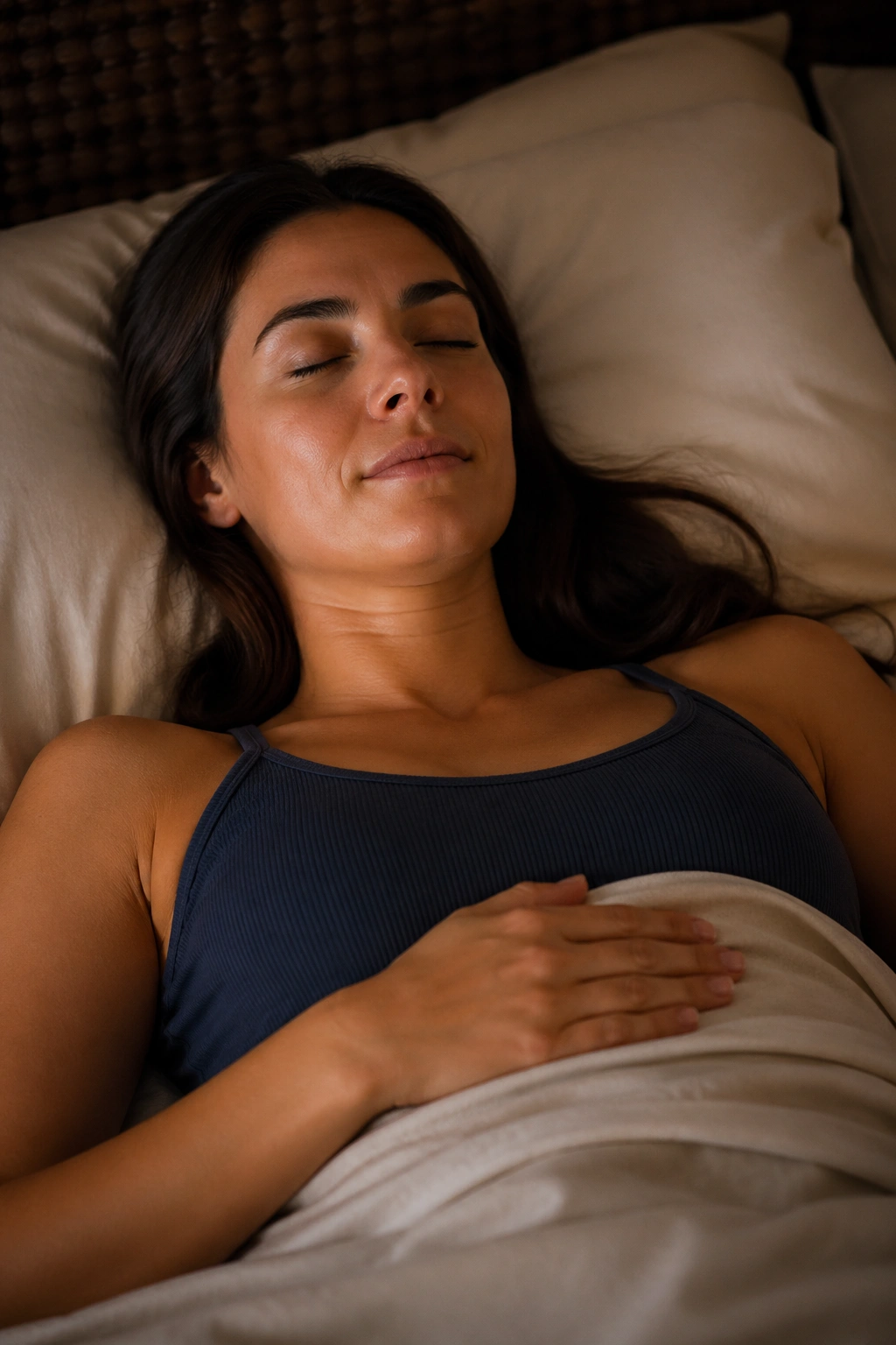 Person practicing slow breathing in bed with hand on abdomen