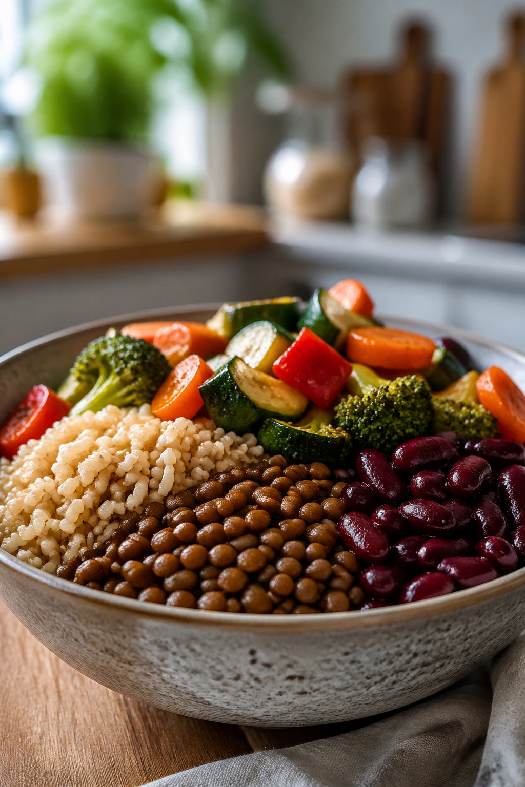 Bowl of slow-burning carbs like brown rice, lentils, and beans with vegetables