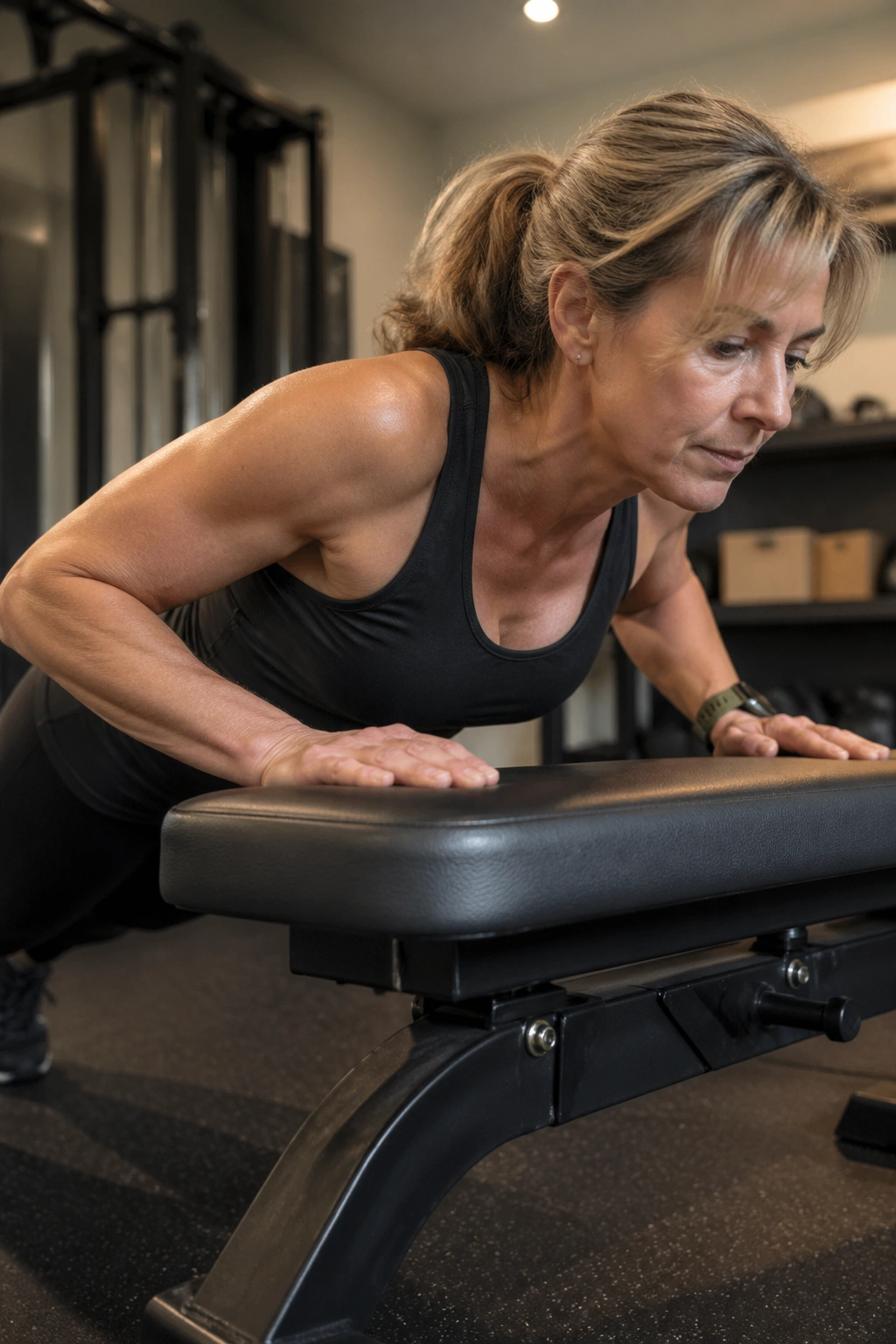 Woman doing slow incline push-ups on bench