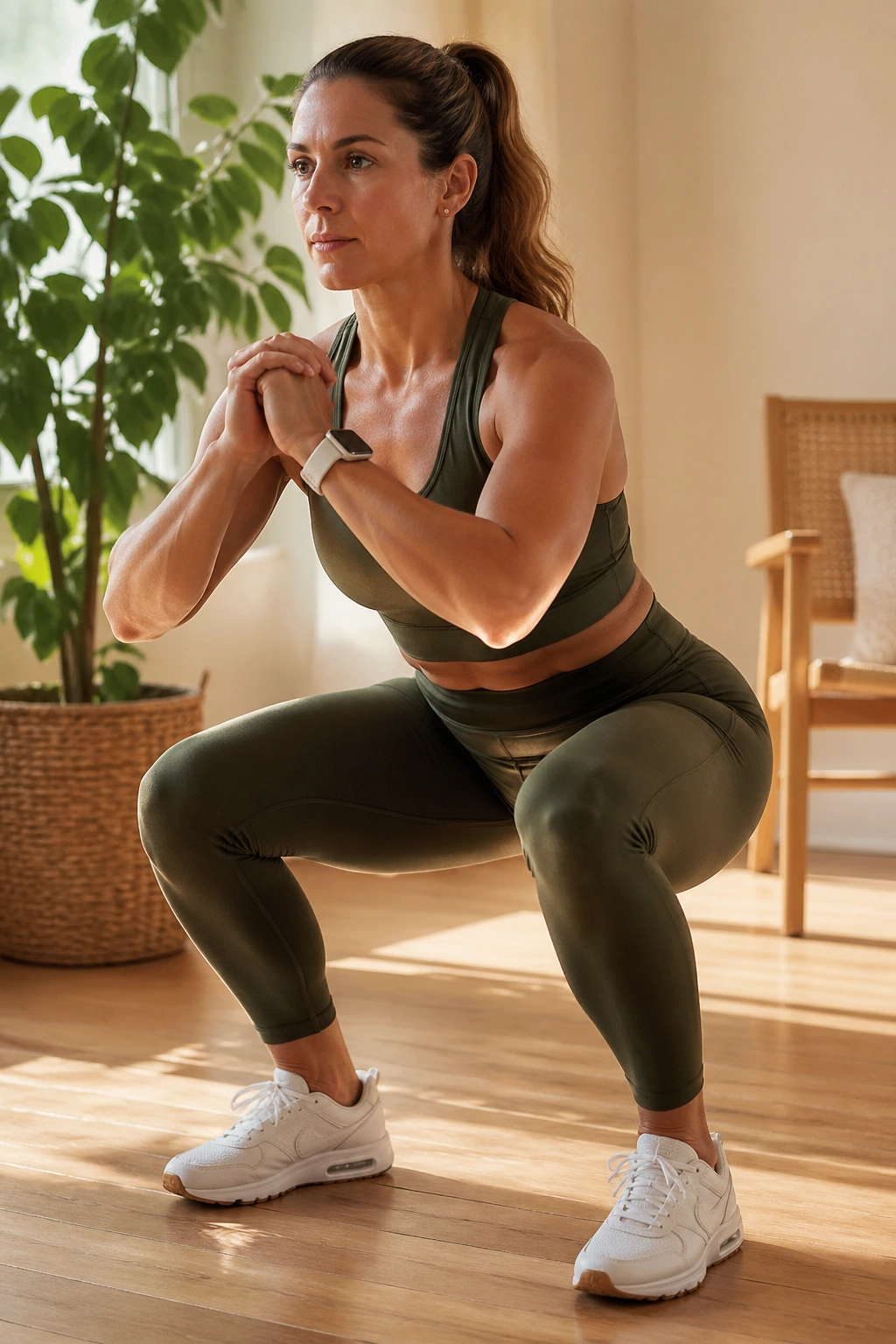 Person performing slow tempo squats in a home setting, torso upright and knees bent.