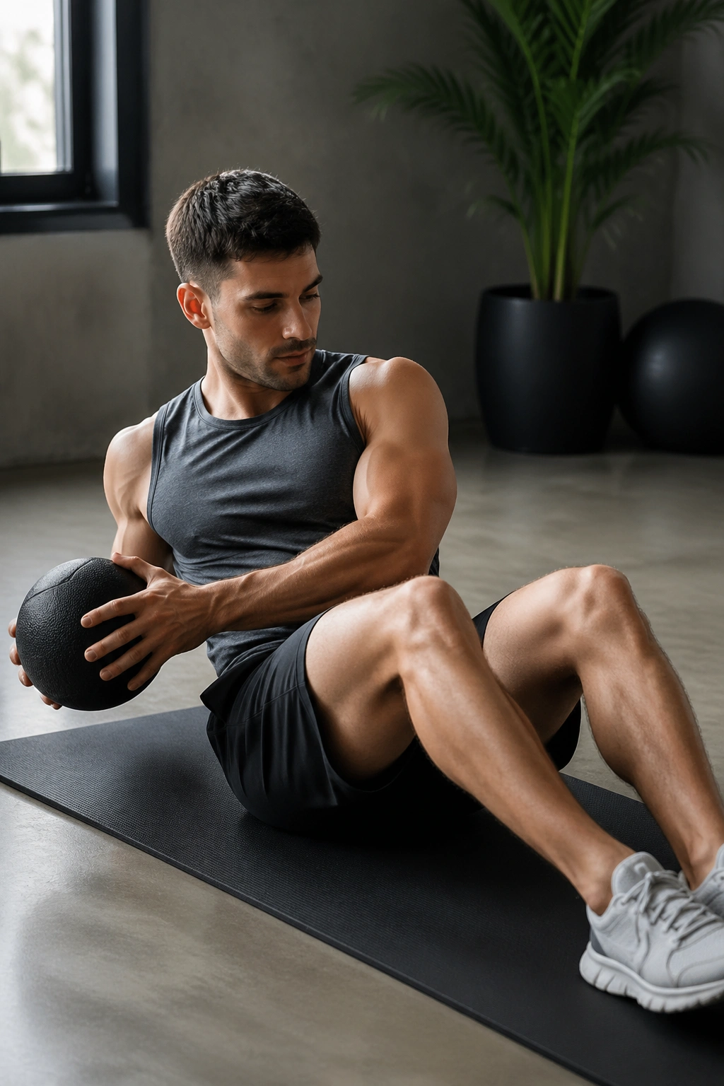 Close-up of a person performing a slow tempo Russian twist on a mat