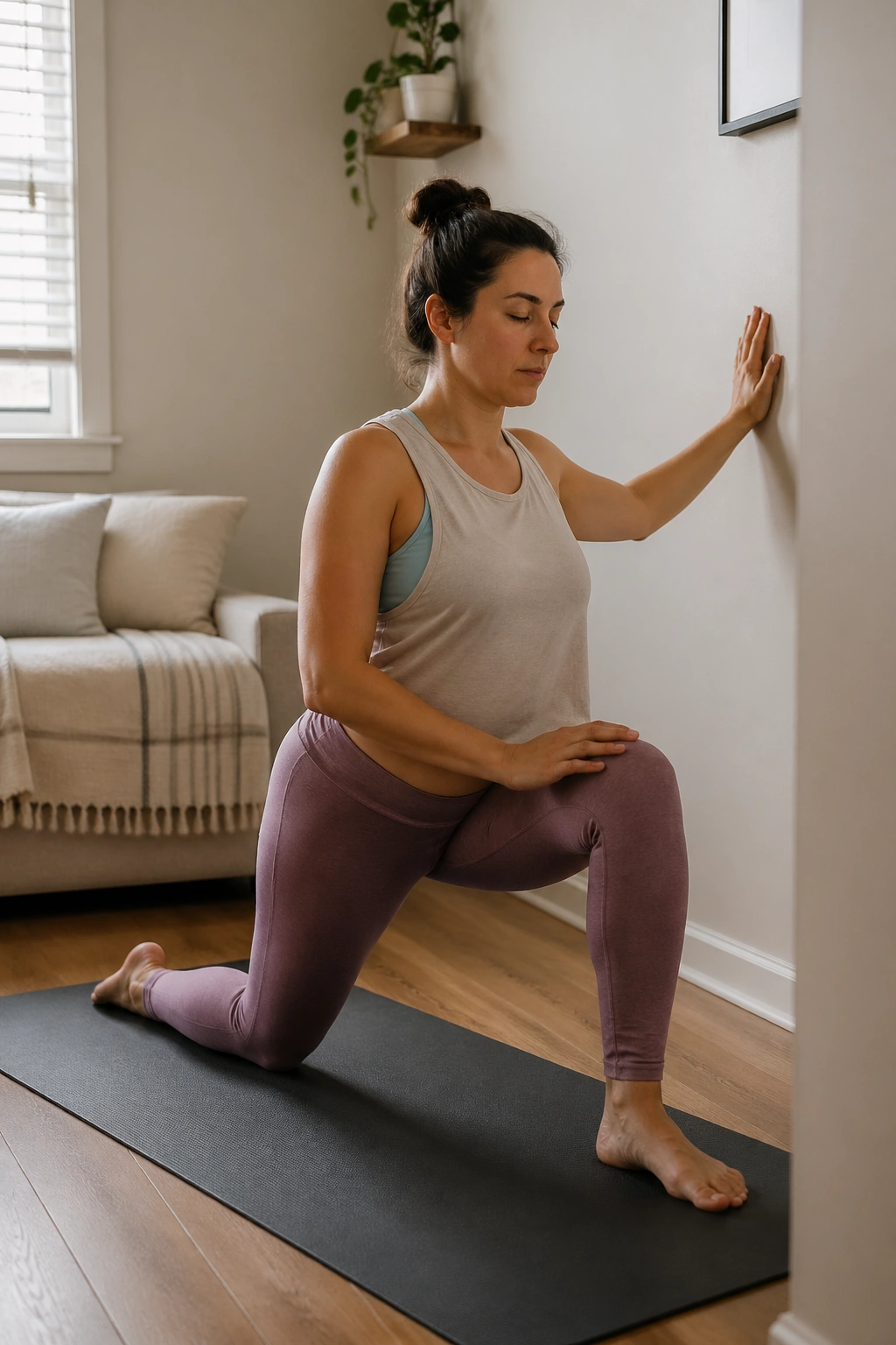 Real mom practicing slow yoga flow on a mat in a bright living room
