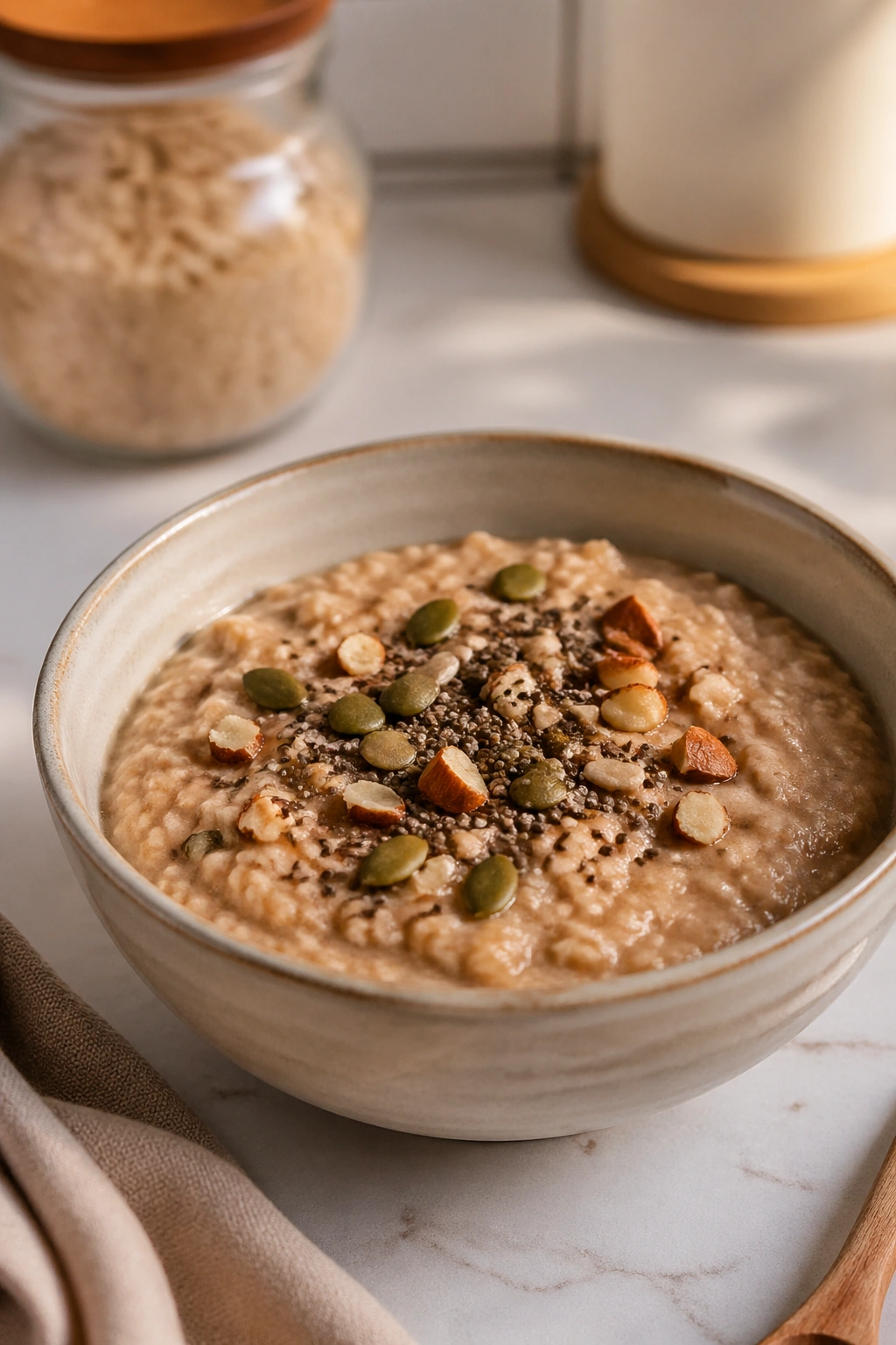 Close-up bowl of oats with seeds on a kitchen counter