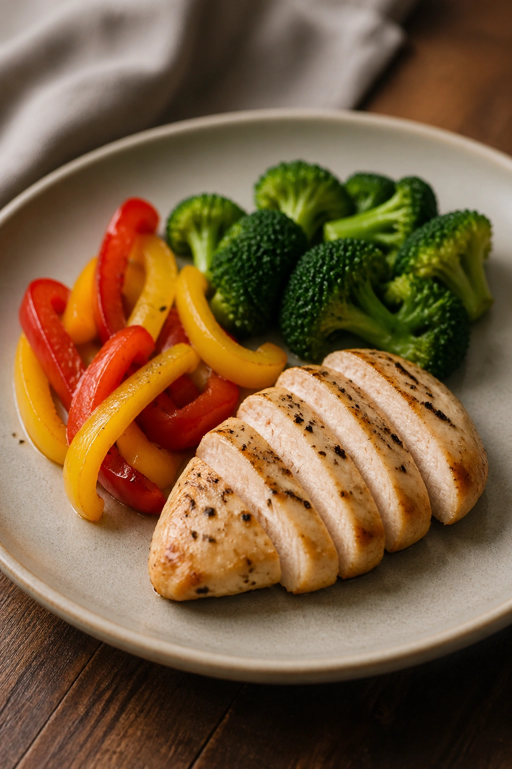 Close-up of a small, simple protein and veggie plate