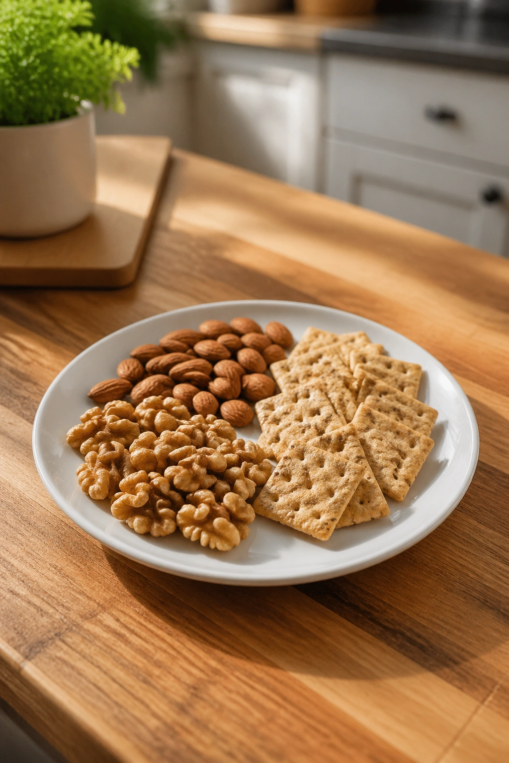 Close-up of a small plate with portioned nuts and crackers on a wooden kitchen counter