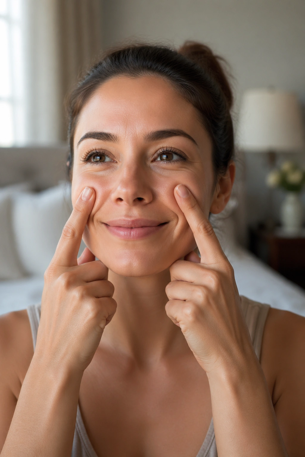 Close-up of a real person performing Smile Lifts With Finger Resistance to train cheek elevation.