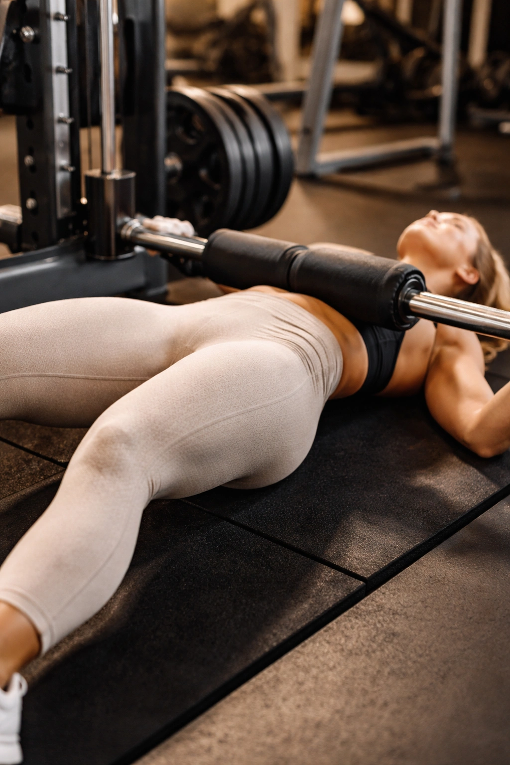 Hips pressing into bar during Smith machine glute bridge