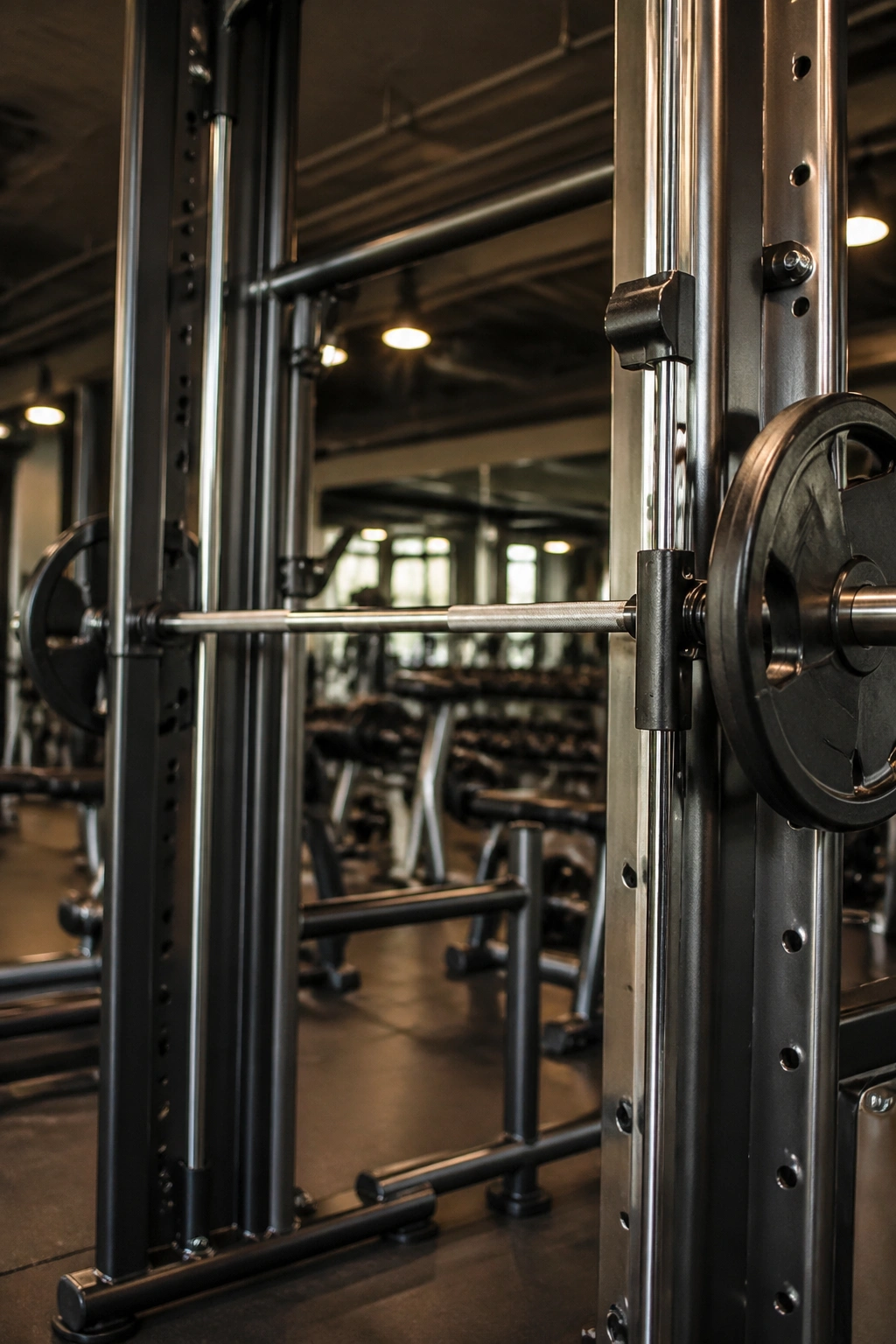Close-up of a Smith machine in a gym showing rails and bar with weight plates