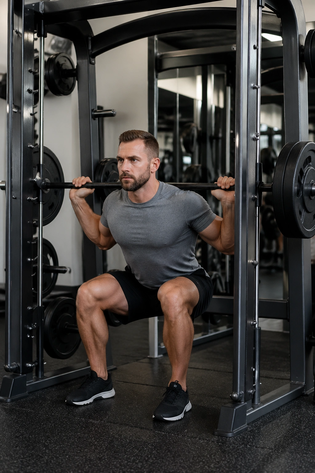 Lifter squatting on a Smith machine with fixed bar path