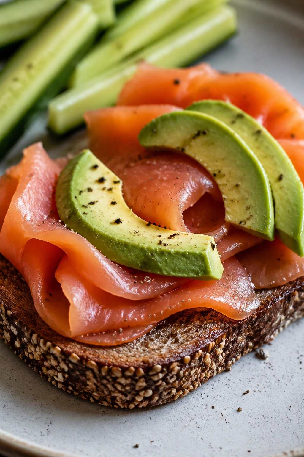 Close-up of rye toast topped with smoked salmon and avocado slices