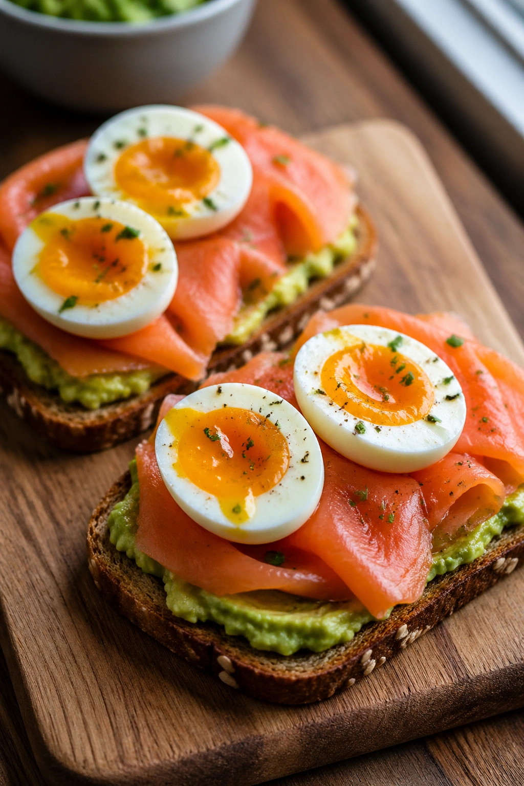 Close-up of smoked salmon avocado toast with soft-boiled eggs on a wooden board