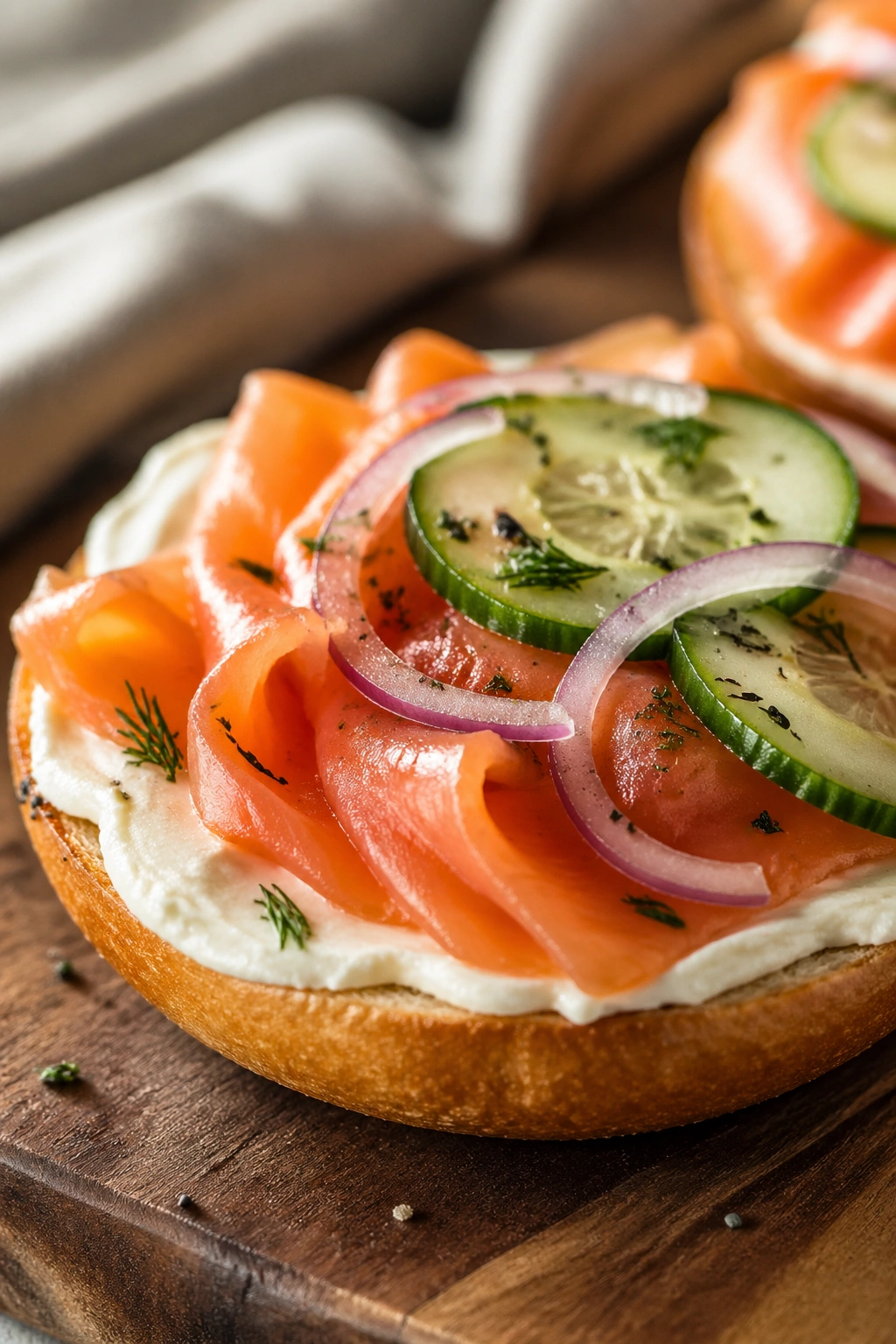 Close-up of smoked salmon bagel with cream cheese on a wooden board