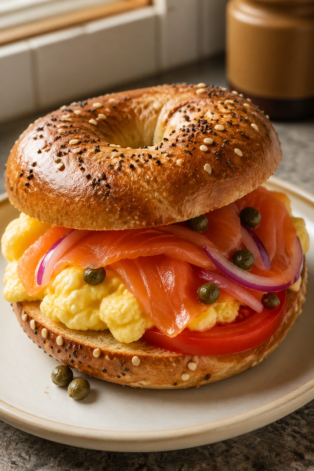 Close-up of smoked salmon bagel with eggs and tomato on a plate in warm kitchen light
