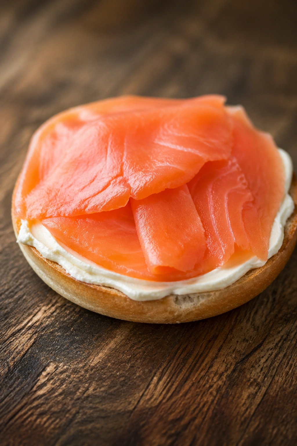 Close-up of smoked salmon on a bagel thin with light cream cheese on a wooden board