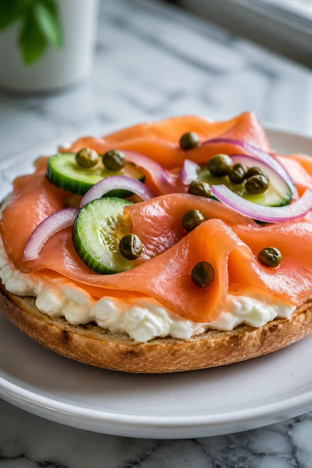 Smoked salmon bagel-thin with cottage cheese toppings