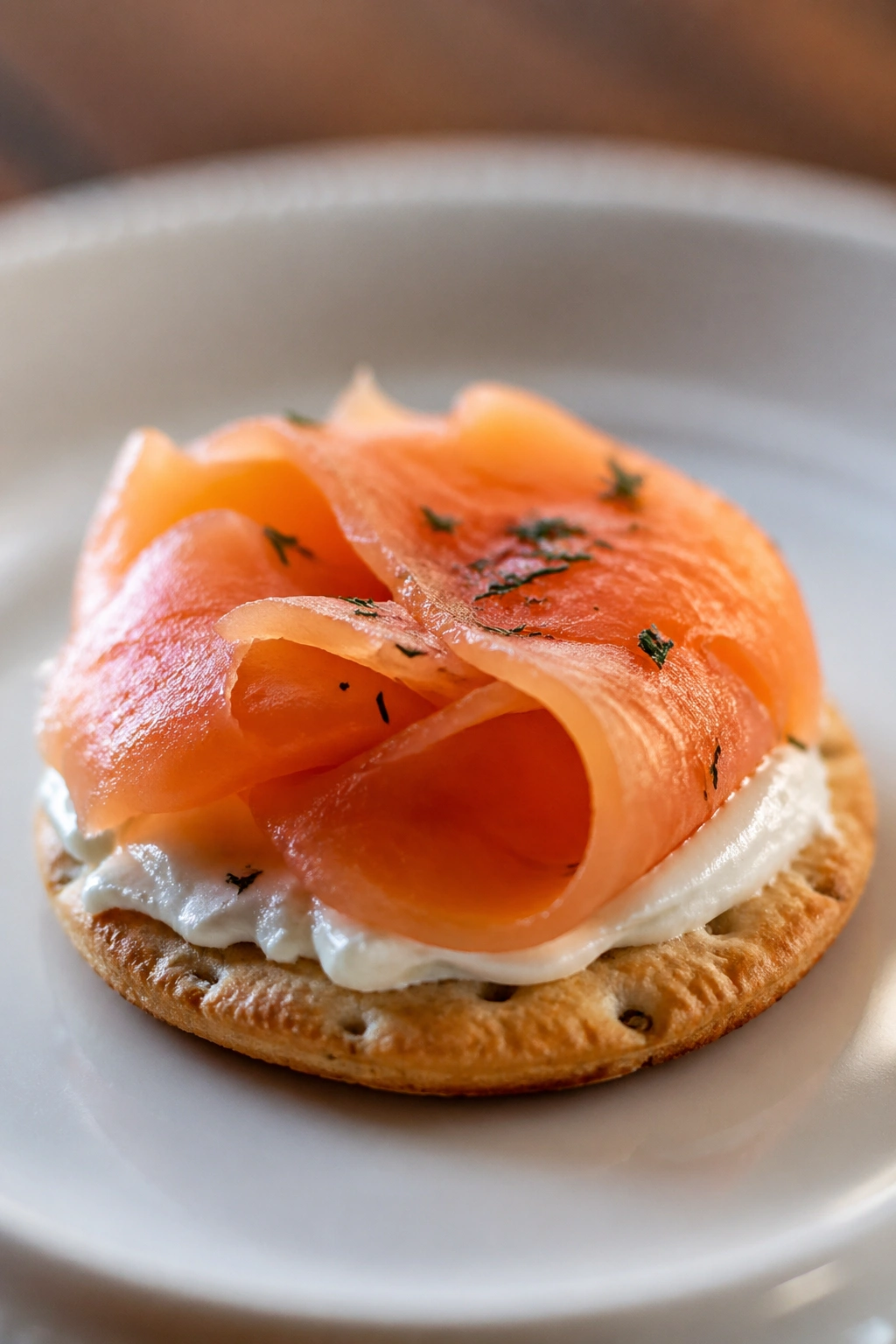 Close-up of smoked salmon on a cracker with cream cheese