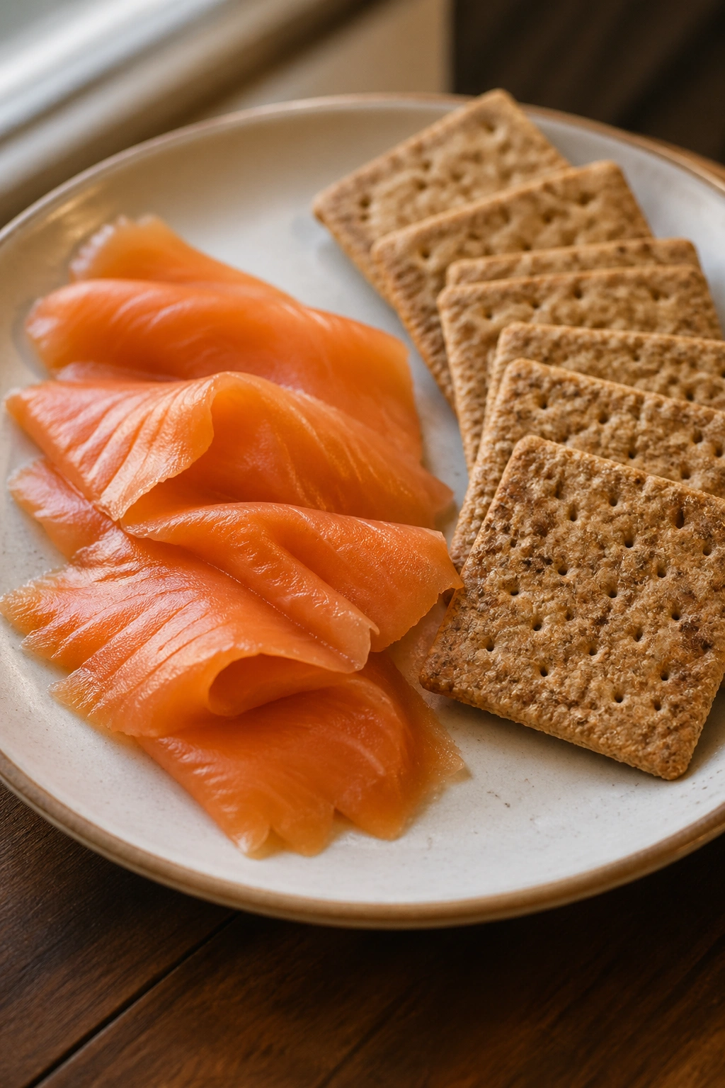 Smoked salmon and crackers on plate in natural light