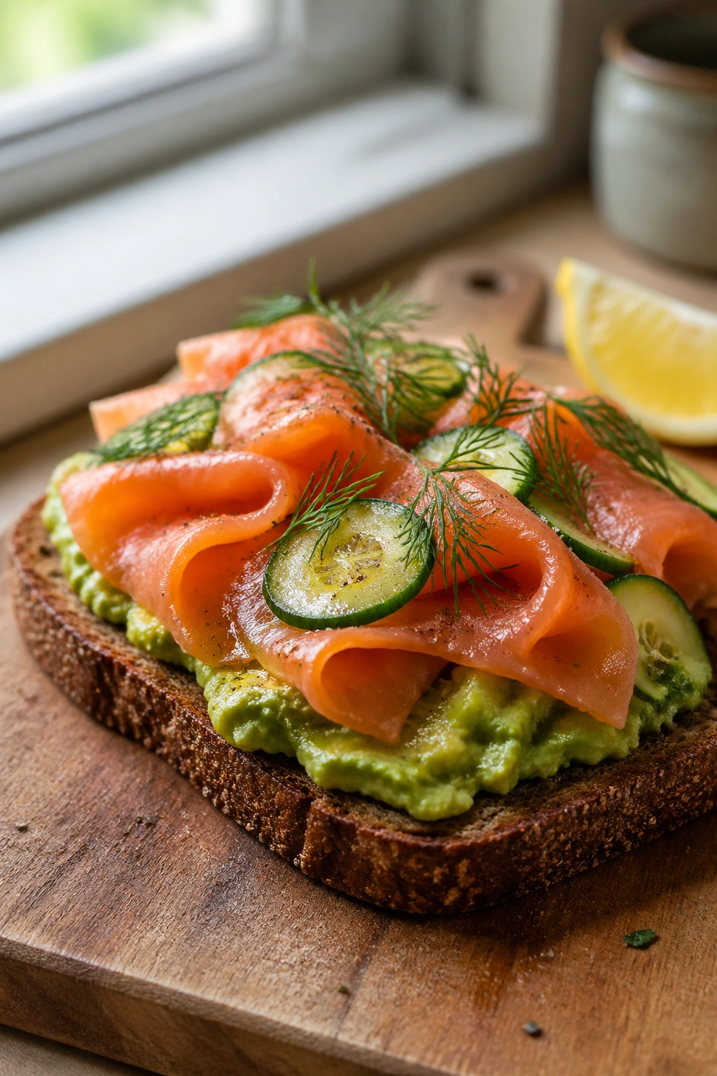 Close-up of rye toast with avocado and smoked salmon on a wooden board