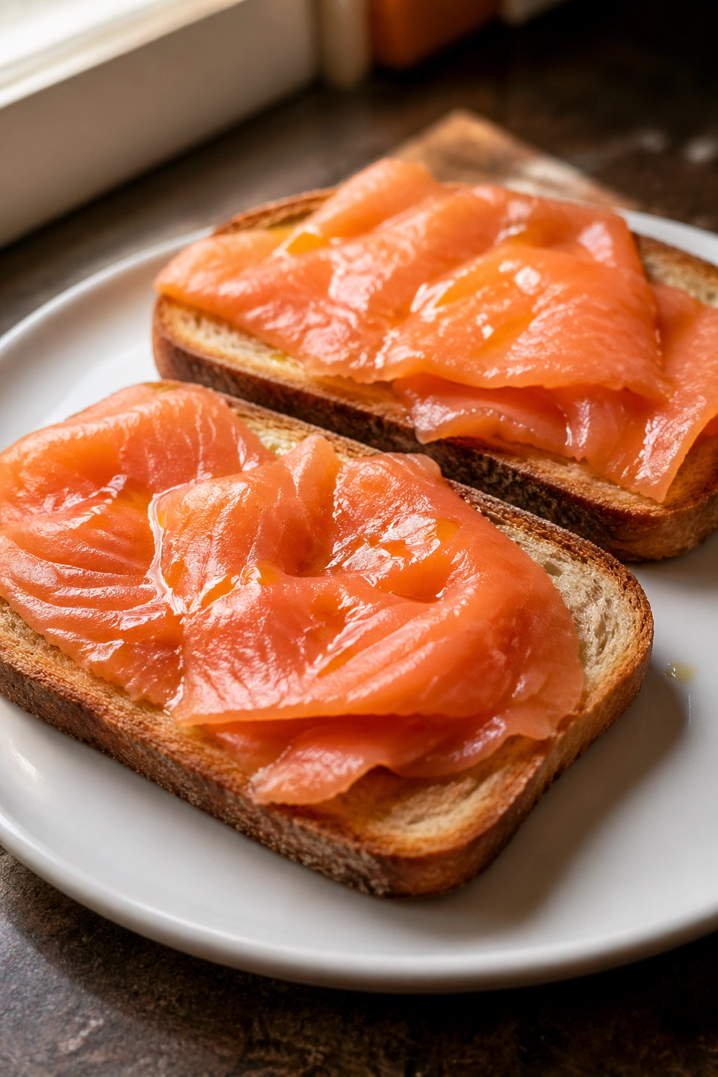 Close-up of two toast slices with smoked salmon on a plate in a warm kitchen