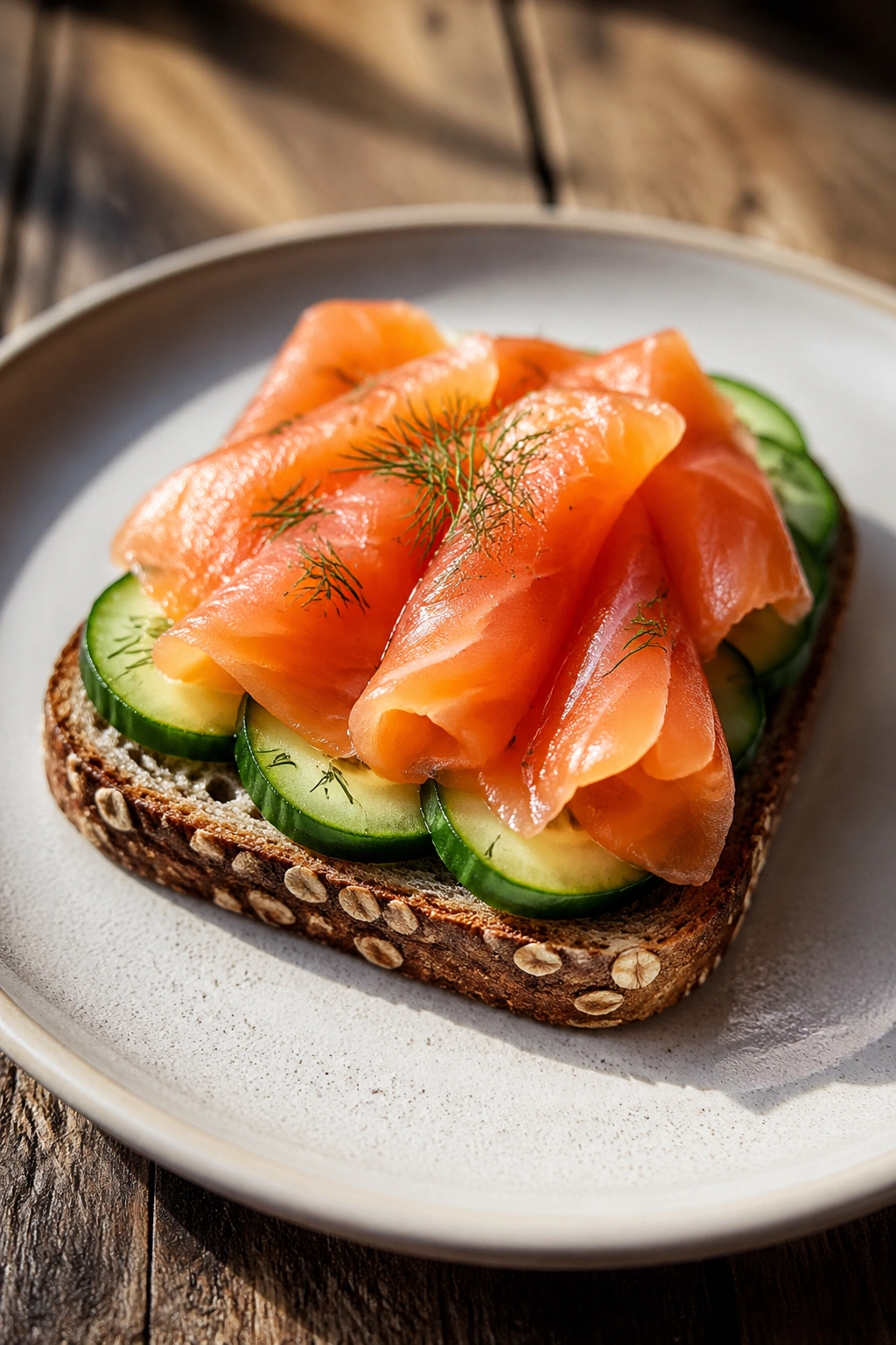 Close-up of smoked salmon on whole-grain toast with cucumber.