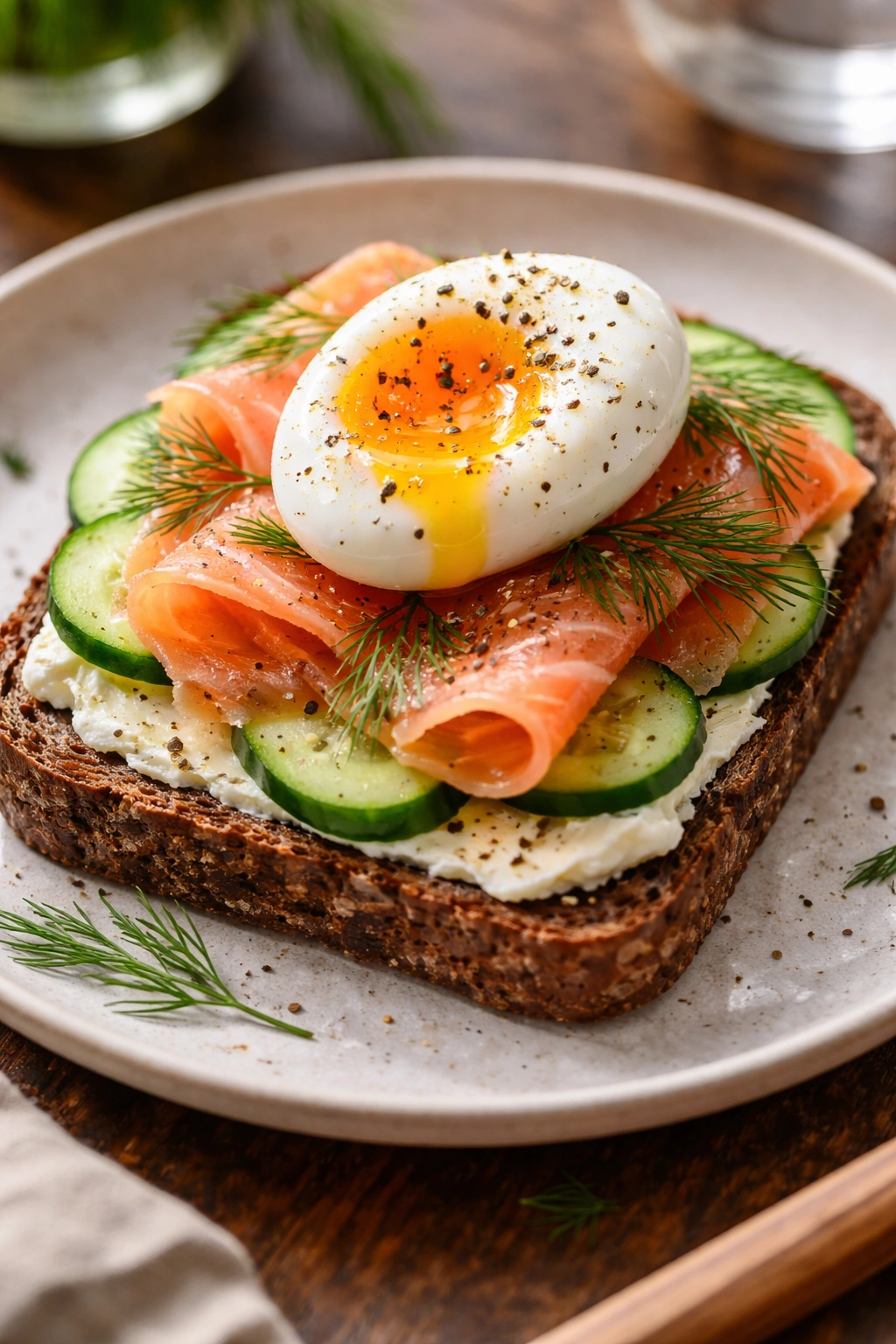 Close-up of rye toast with smoked salmon, dill, cucumber, and soft-cooked egg on a wooden table