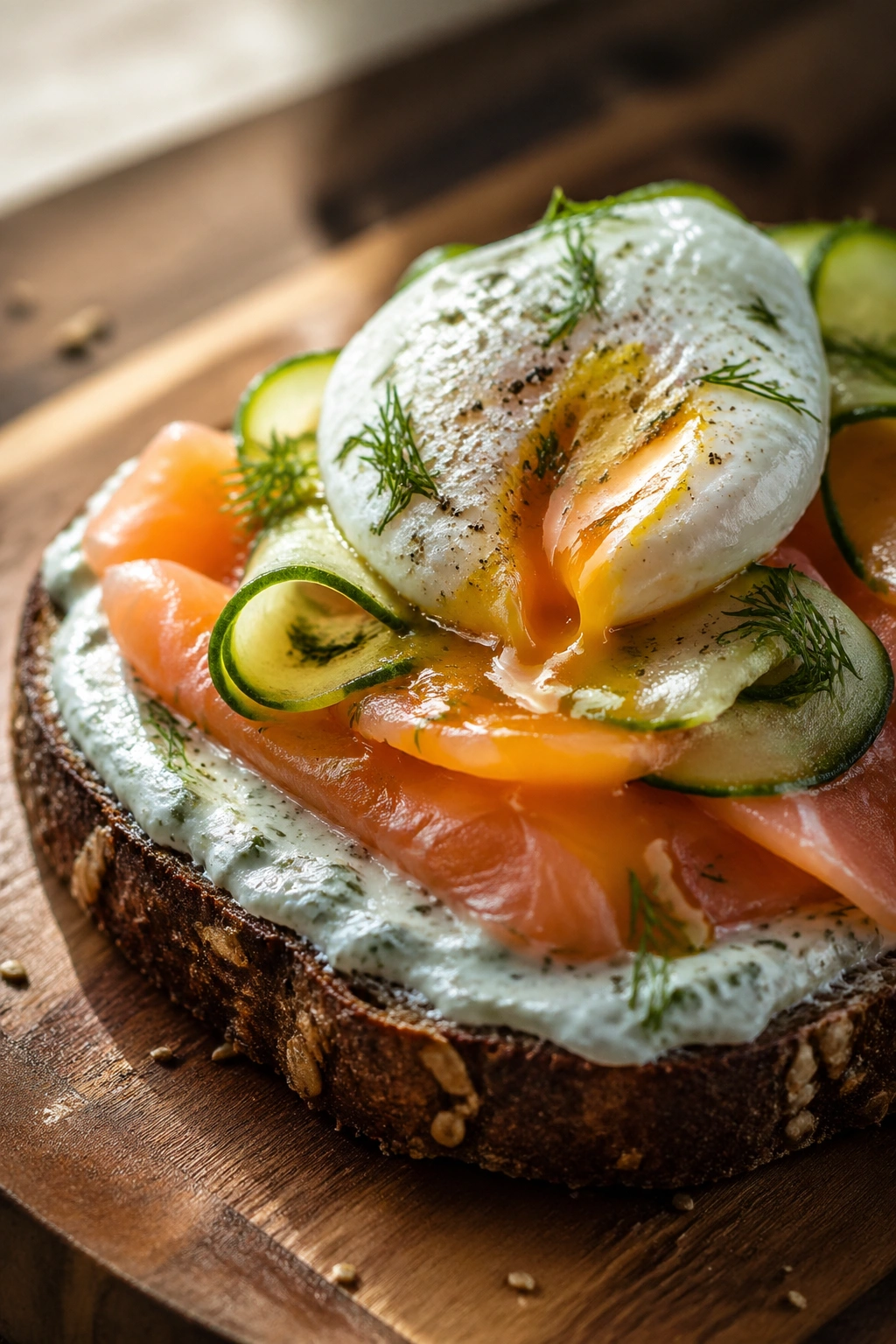 Close-up of smoked salmon egg toast with yogurt dill sauce on seeded rye toast with cucumber garnish