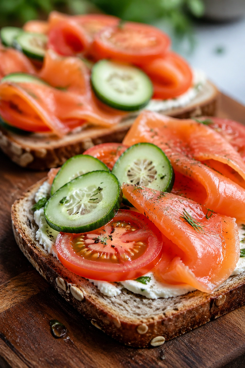 Close-up of smoked salmon toast with tomato and cucumber filling the frame