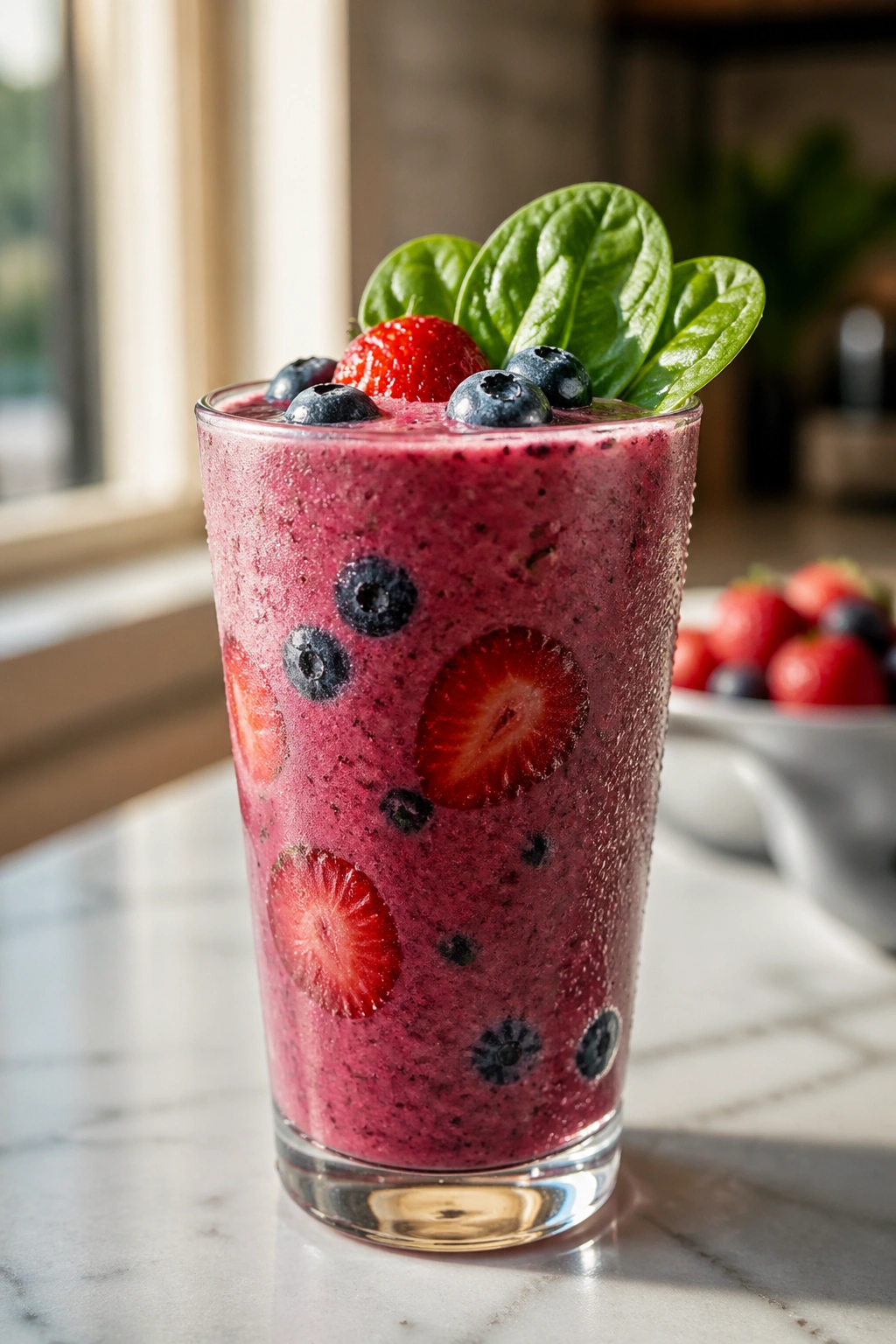 Vibrant smoothie in a tall glass with condensation